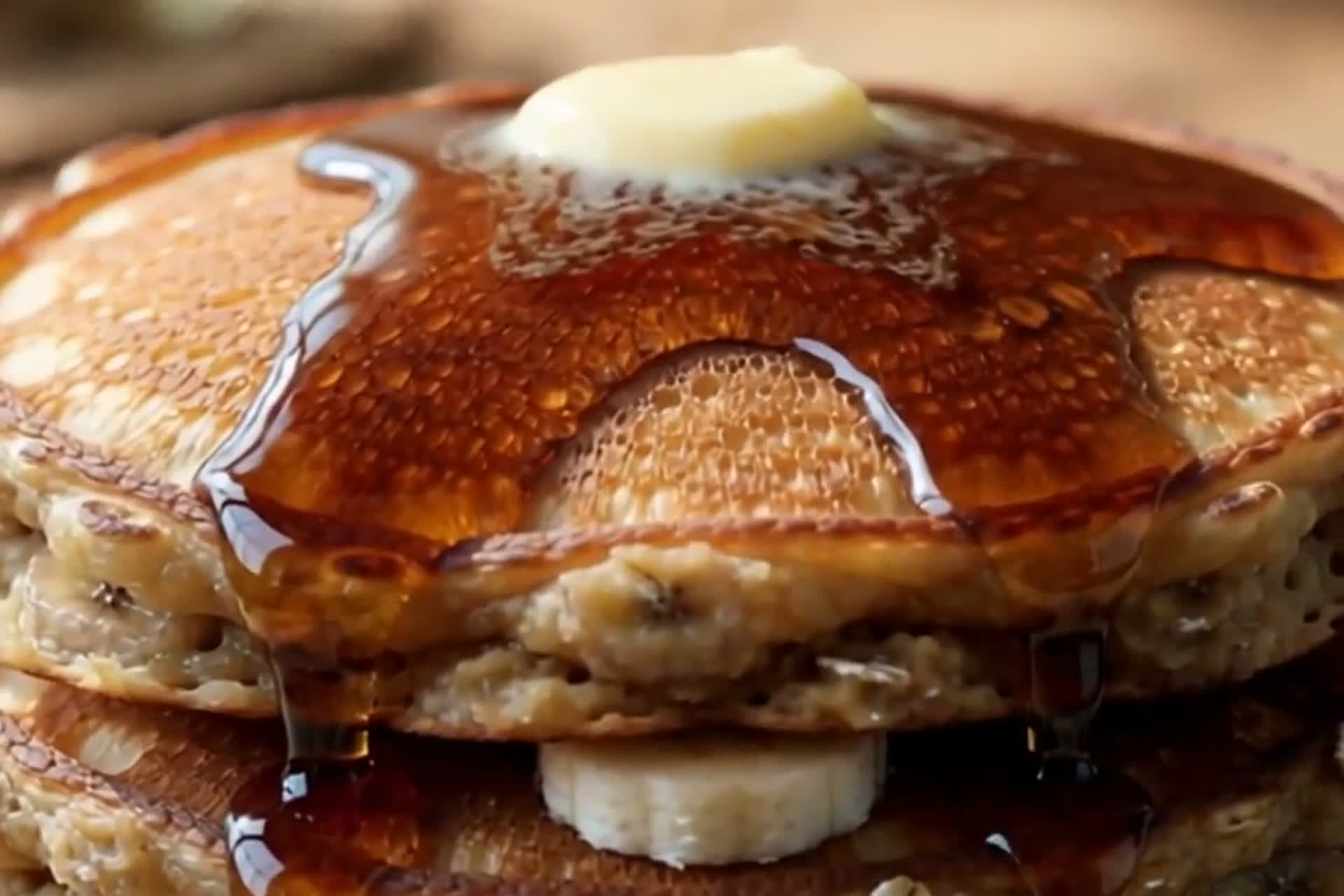A warm stack of banana oat pancakes with maple syrup and butter