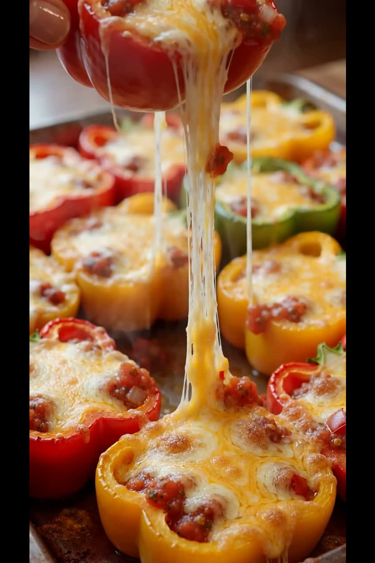Bell pepper nachos with melted cheese and salsa on a baking tray