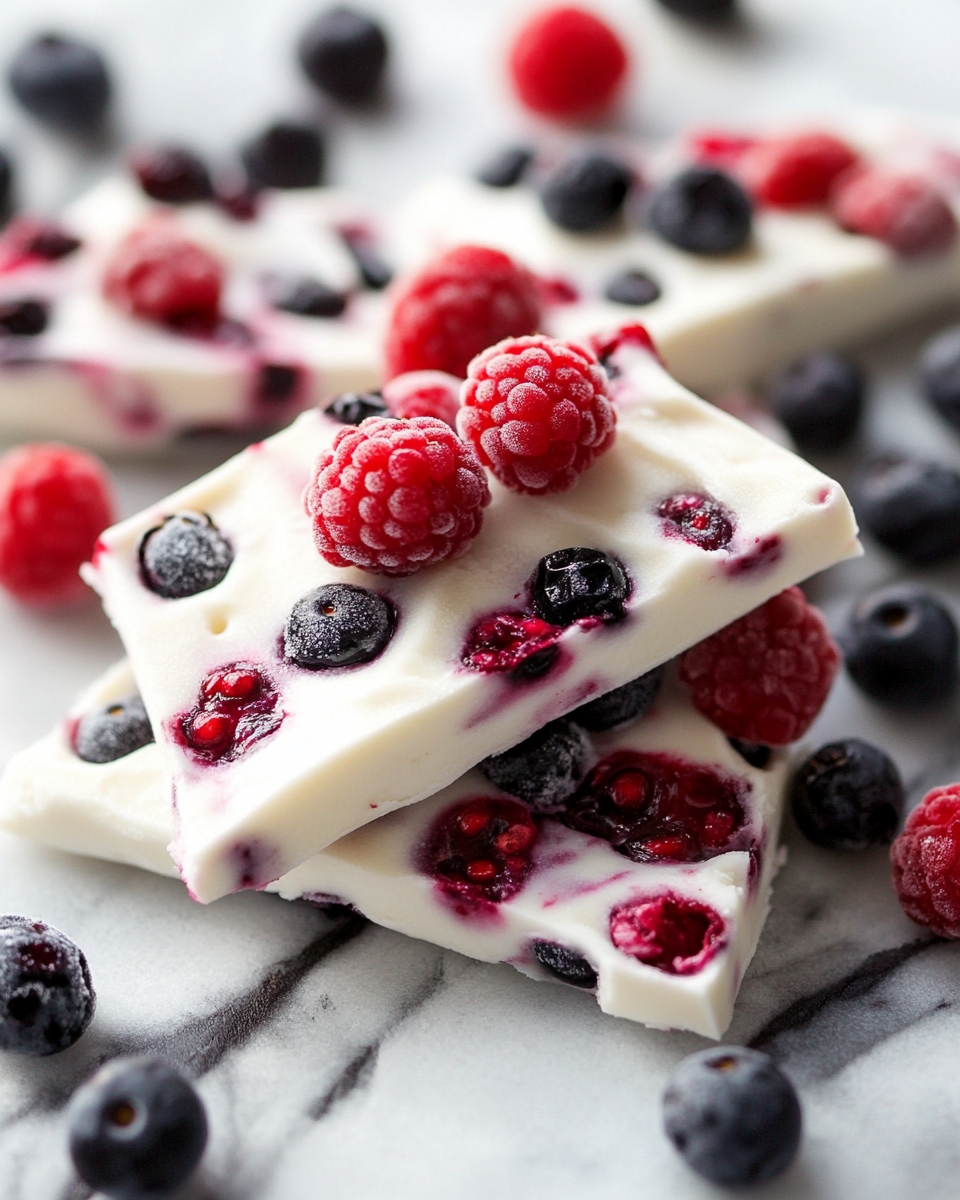 Frozen Greek yogurt bark topped with raspberries and blueberries