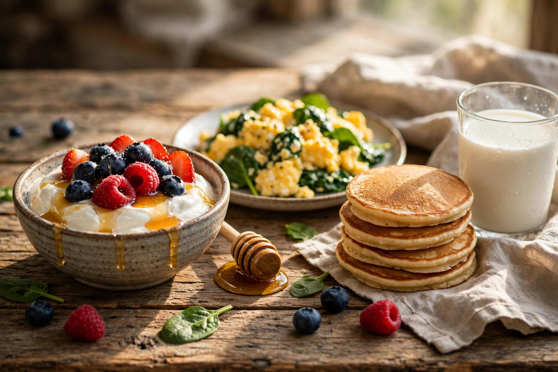 High-protein breakfast spread: Greek yogurt with berries, scrambled eggs with spinach, small protein pancakes, and milk in morning light