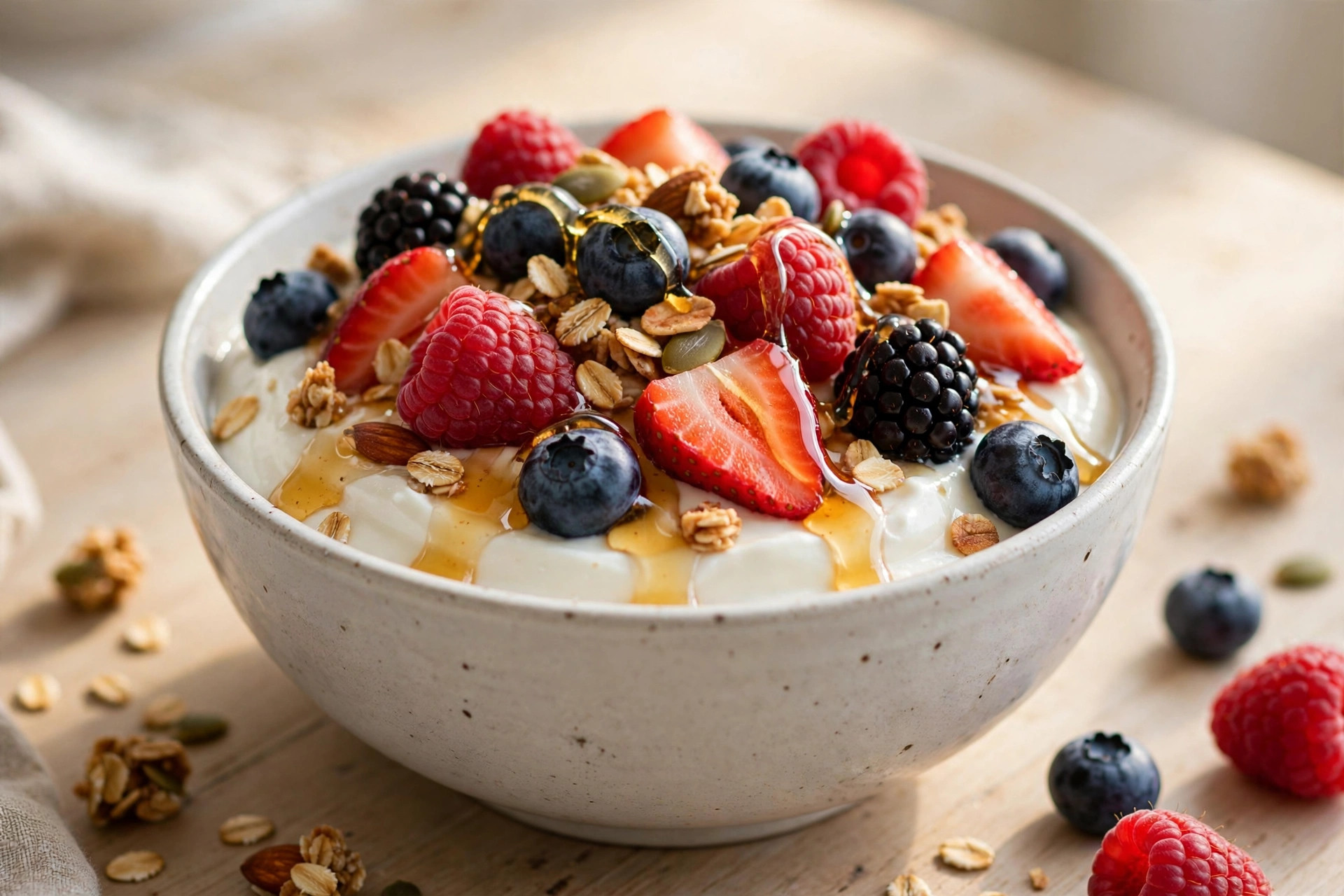 Greek yogurt bowl topped with fresh mixed berries, honey drizzle, and granola