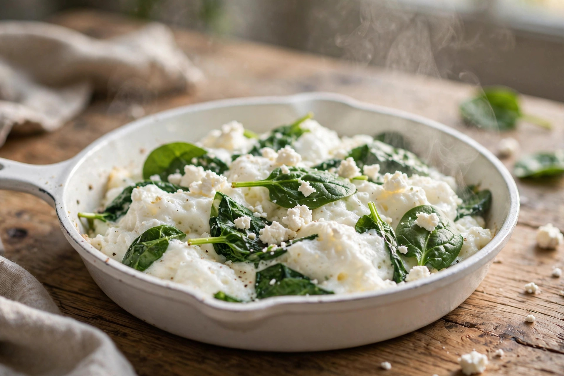 Fluffy scrambled egg whites with spinach and crumbled feta in a small skillet