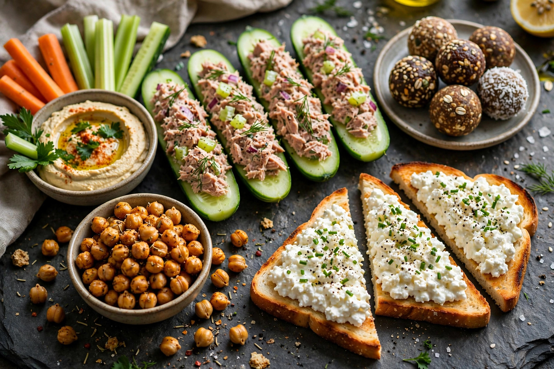 Arrangement of high-protein snacks: tuna cucumber boats, energy balls, hummus with veggies, roasted chickpeas, and cottage cheese toast