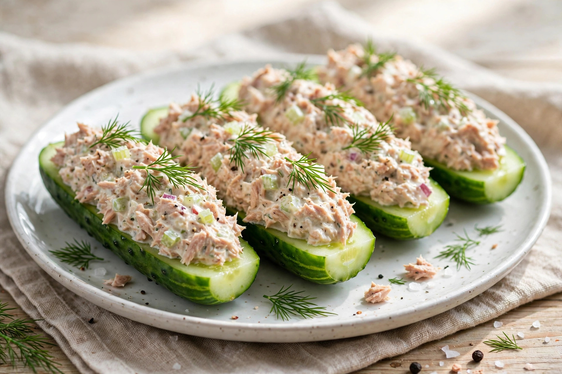 Cucumber boats filled with creamy tuna salad garnished with dill on a white plate