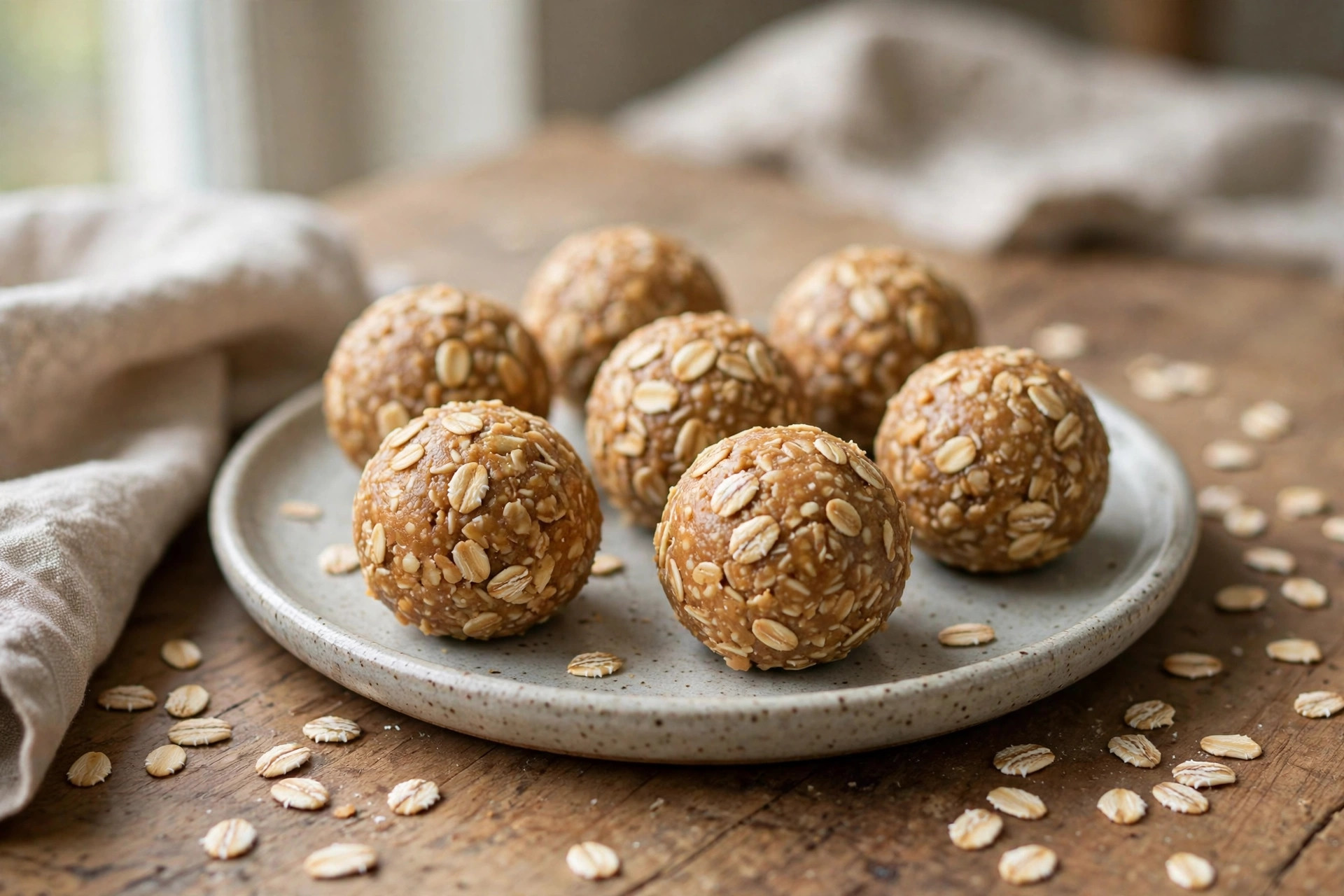 No-bake peanut butter energy balls rolled in oats on a ceramic plate