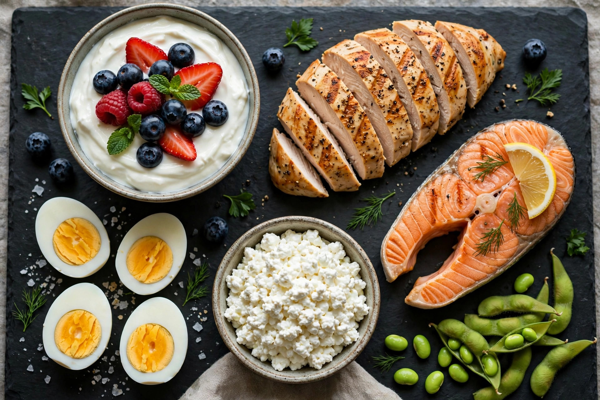 Overhead flat lay of protein-rich foods: Greek yogurt with berries, grilled chicken, eggs, cottage cheese, salmon, and edamame