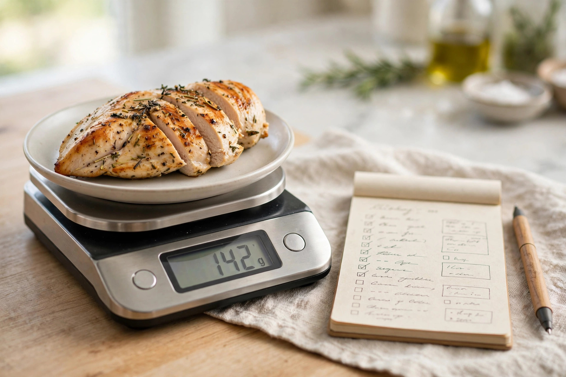 Kitchen scale weighing a portion of grilled chicken next to a simple meal plan notepad