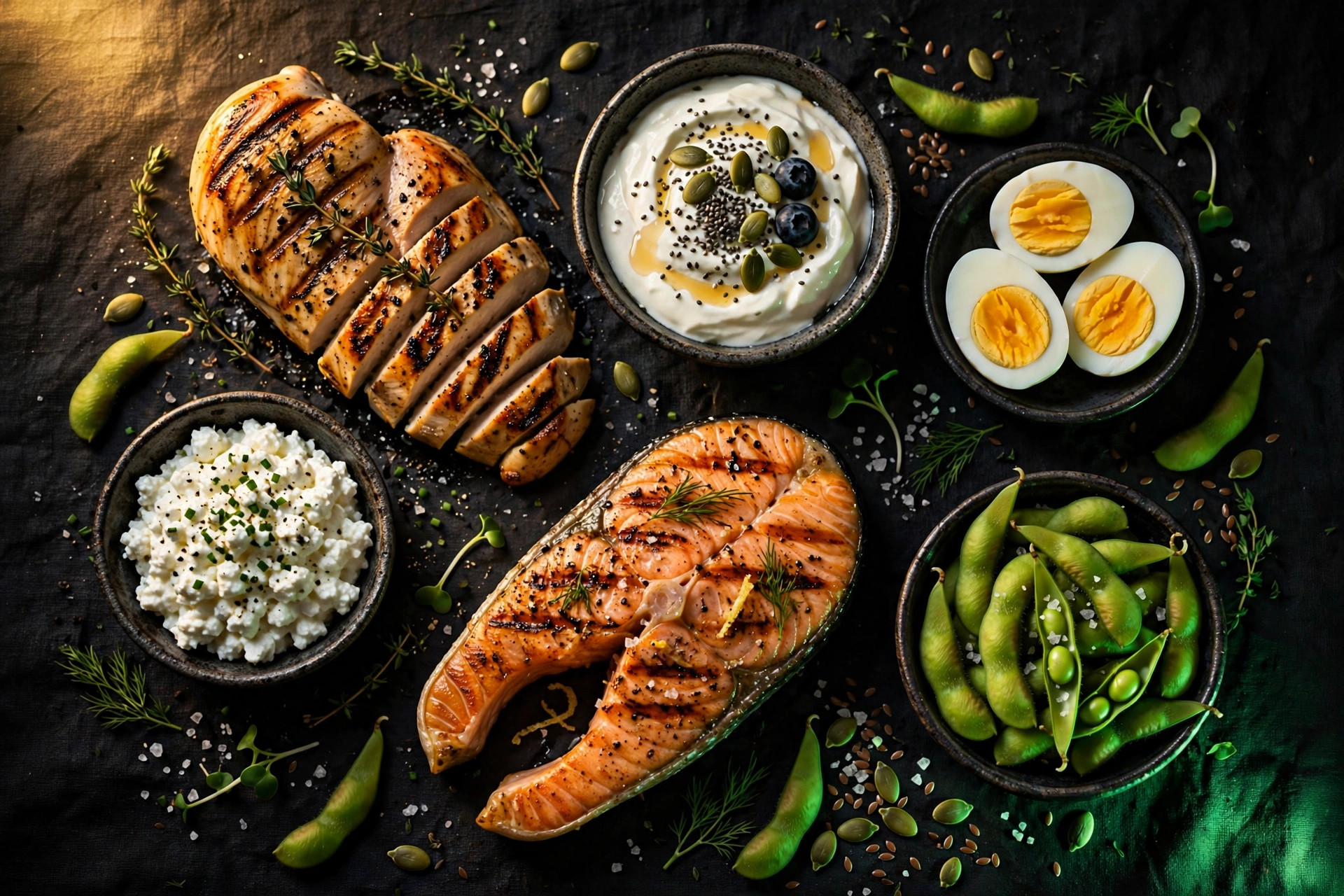 Overhead flat lay of high-protein foods: grilled chicken, Greek yogurt with berries, eggs, cottage cheese, salmon, and edamame on dark background