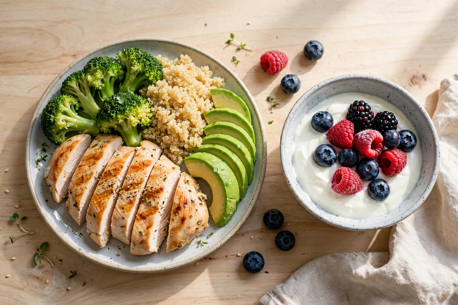 Healthy balanced plate with grilled chicken, broccoli, quinoa, avocado, and Greek yogurt with berries