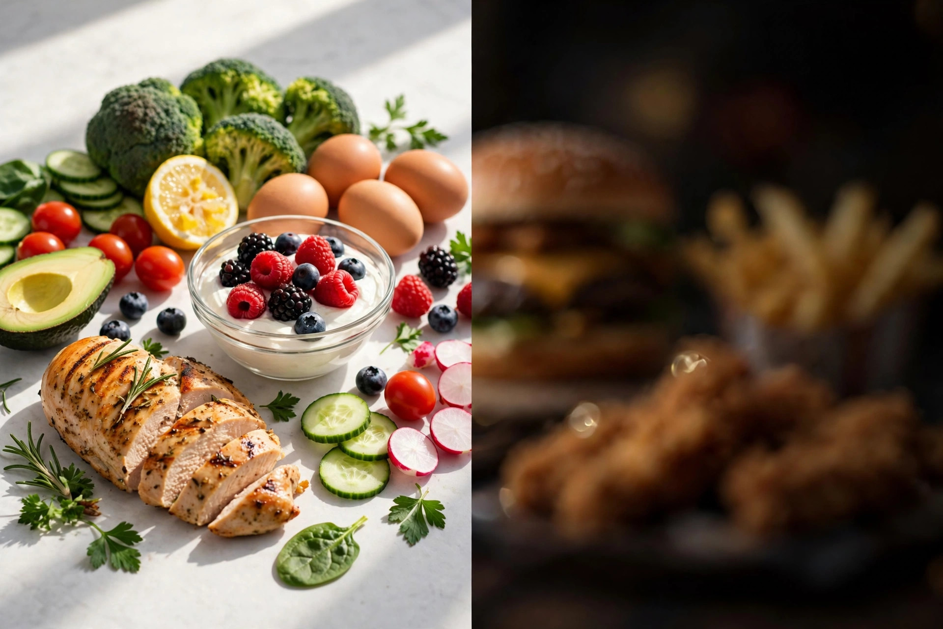 Fresh healthy foods like chicken, yogurt, berries, and vegetables in bright light next to blurred greasy fast food fading into shadow
