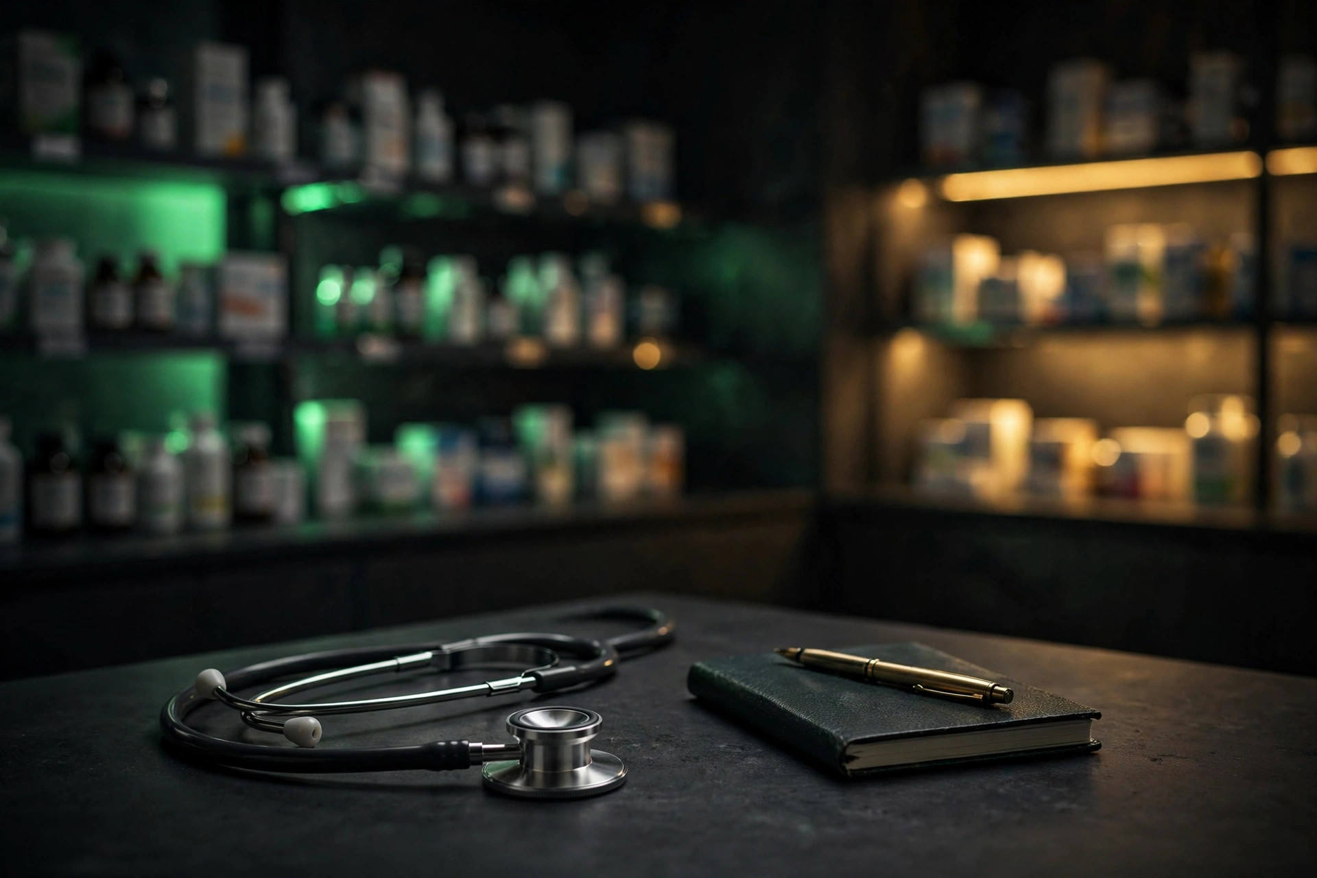 Dark pharmacy counter with stethoscope and notebook — comparing GLP-1 medications for weight loss