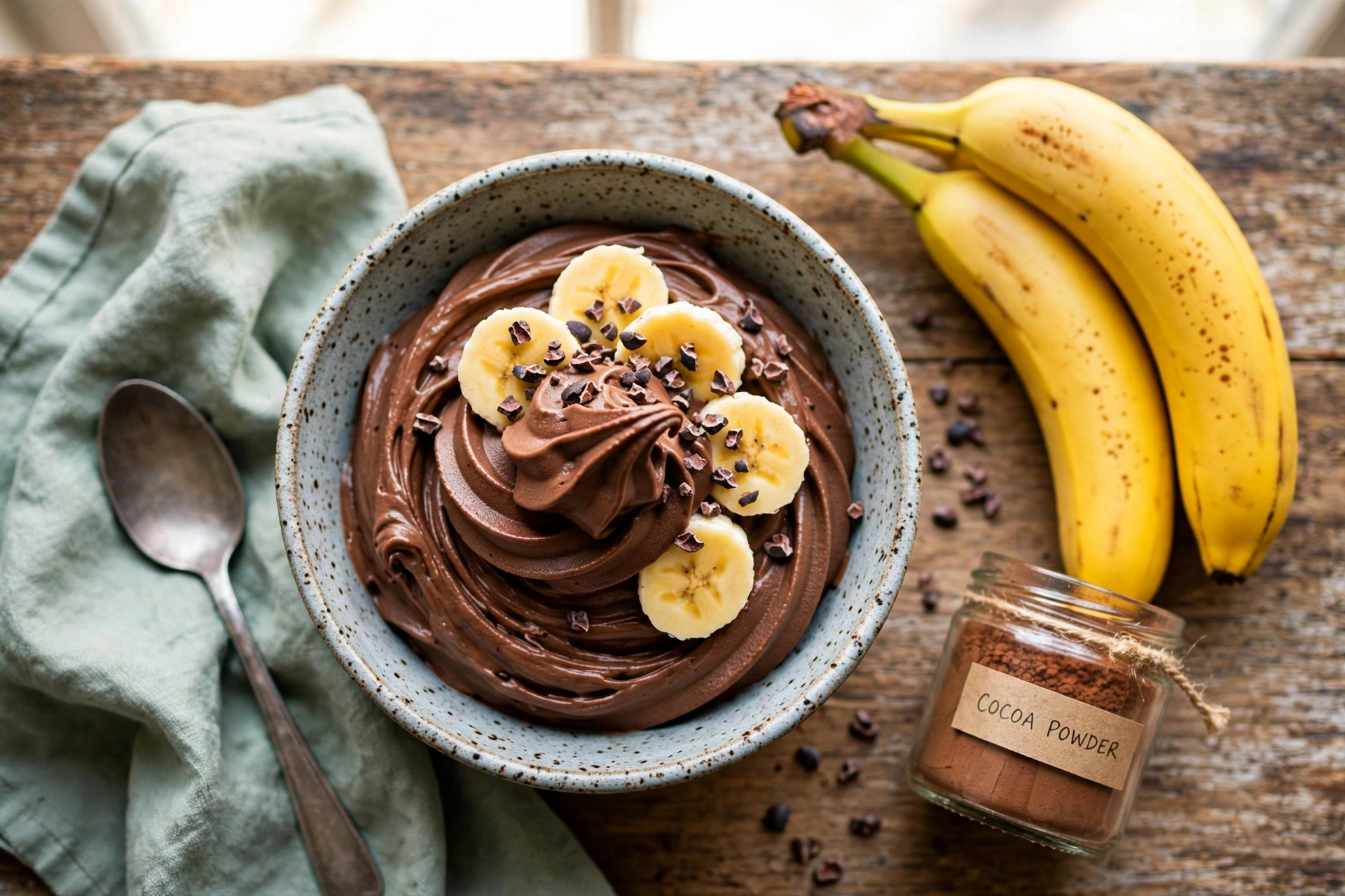 A bowl of chocolate banana nice cream topped with banana slices and cacao nibs, bananas and a jar of cocoa powder beside it