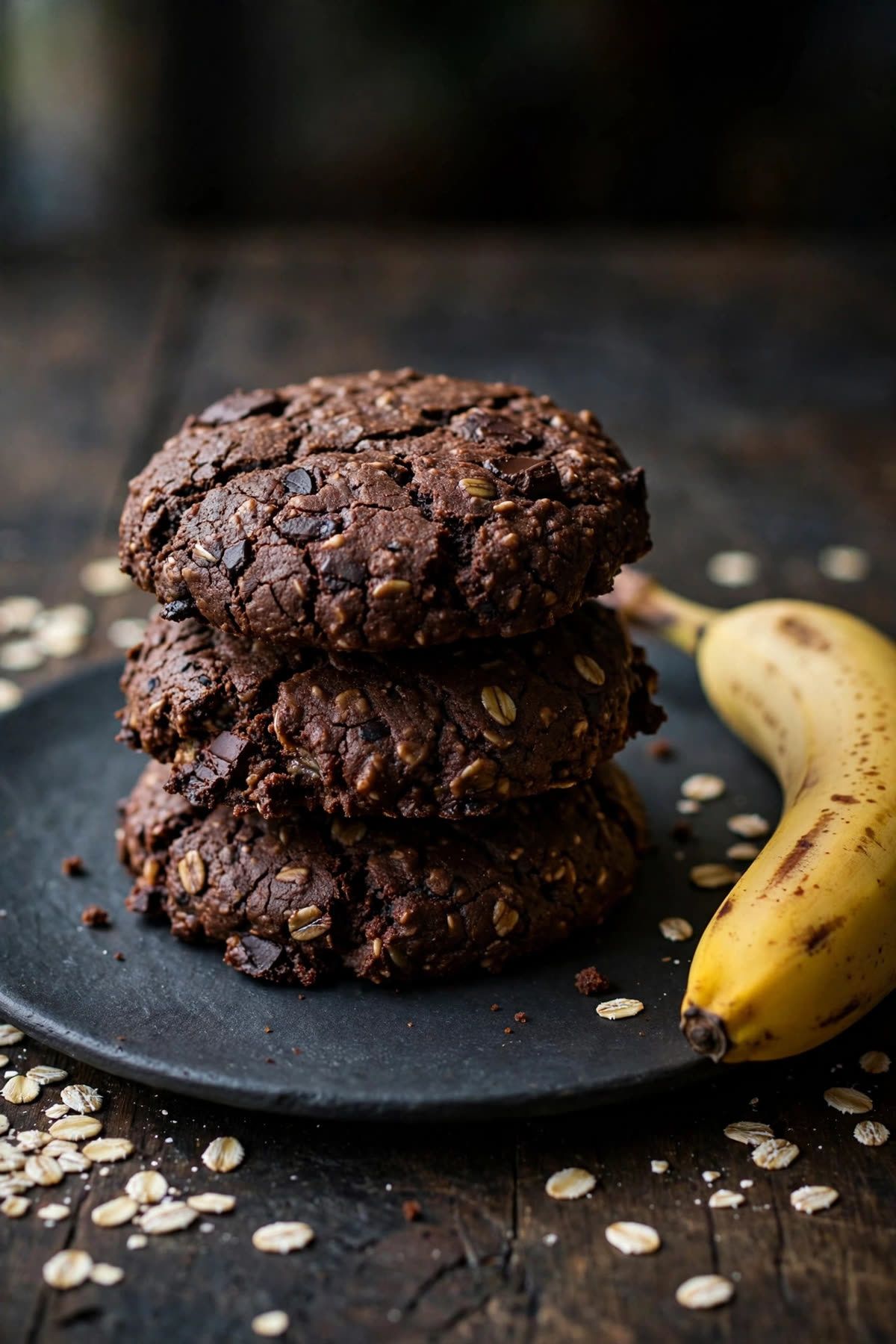 Stack of cocoa banana oat cookies with visible rolled oats beside a ripe banana