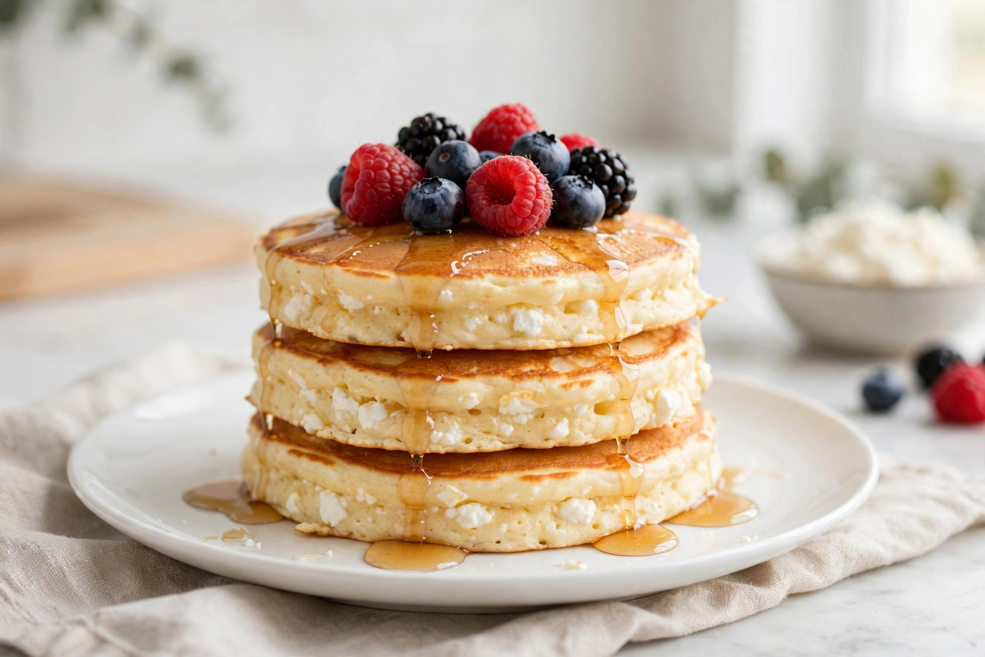 Stack of golden cottage cheese pancakes topped with berries
