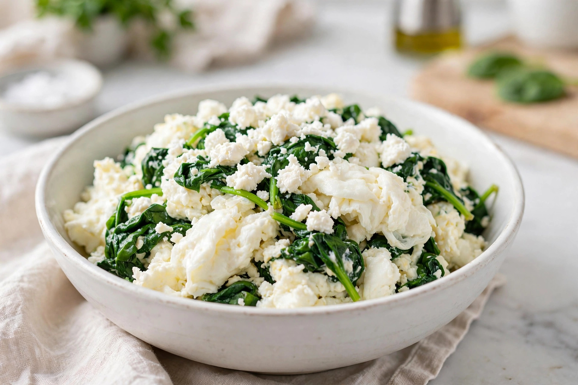 Fluffy egg white scramble with wilted spinach and crumbled feta