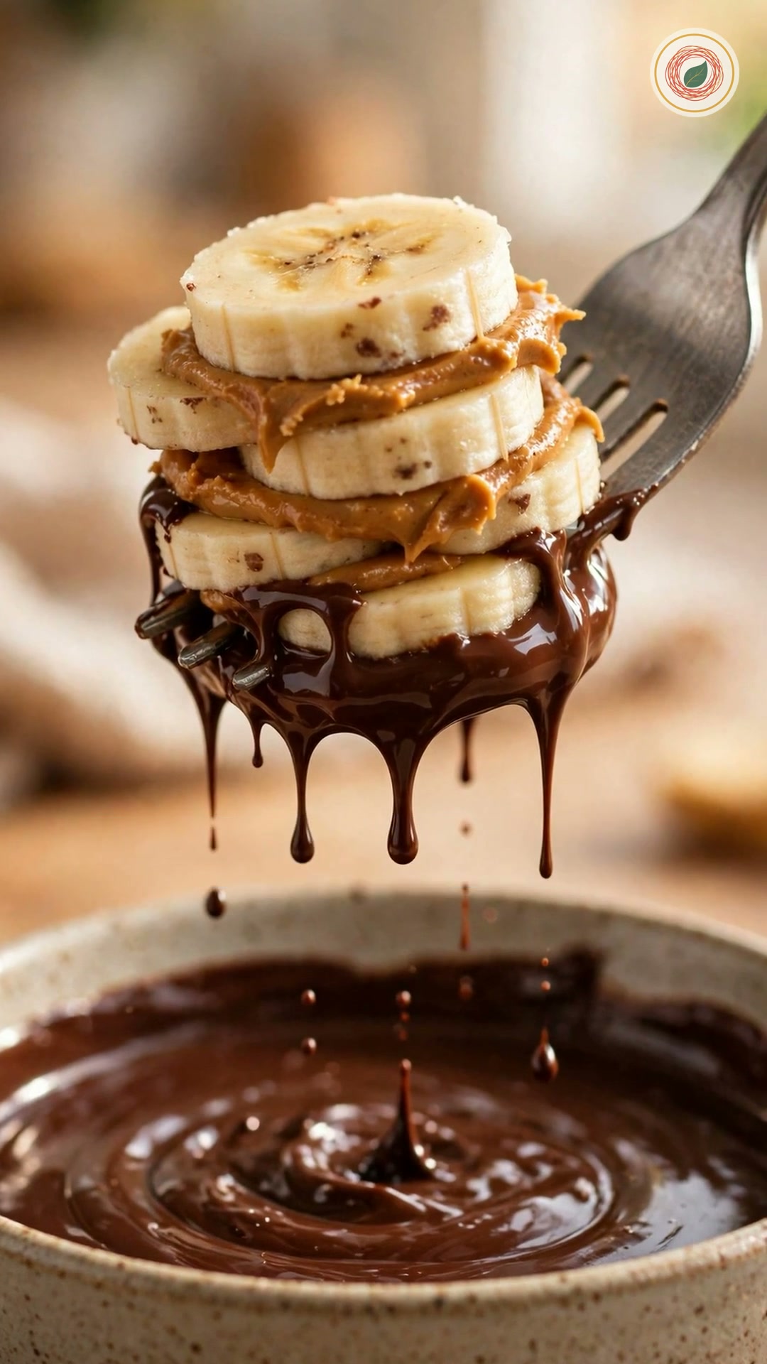 Banana coins with peanut butter being dipped in melted dark chocolate