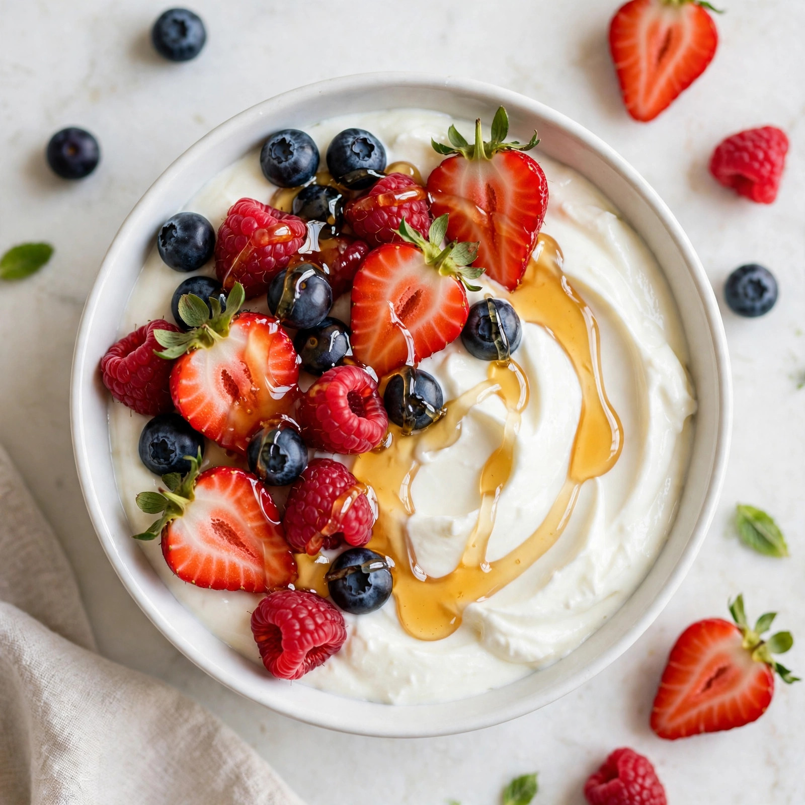 Greek yogurt bowl topped with mixed berries and a honey drizzle