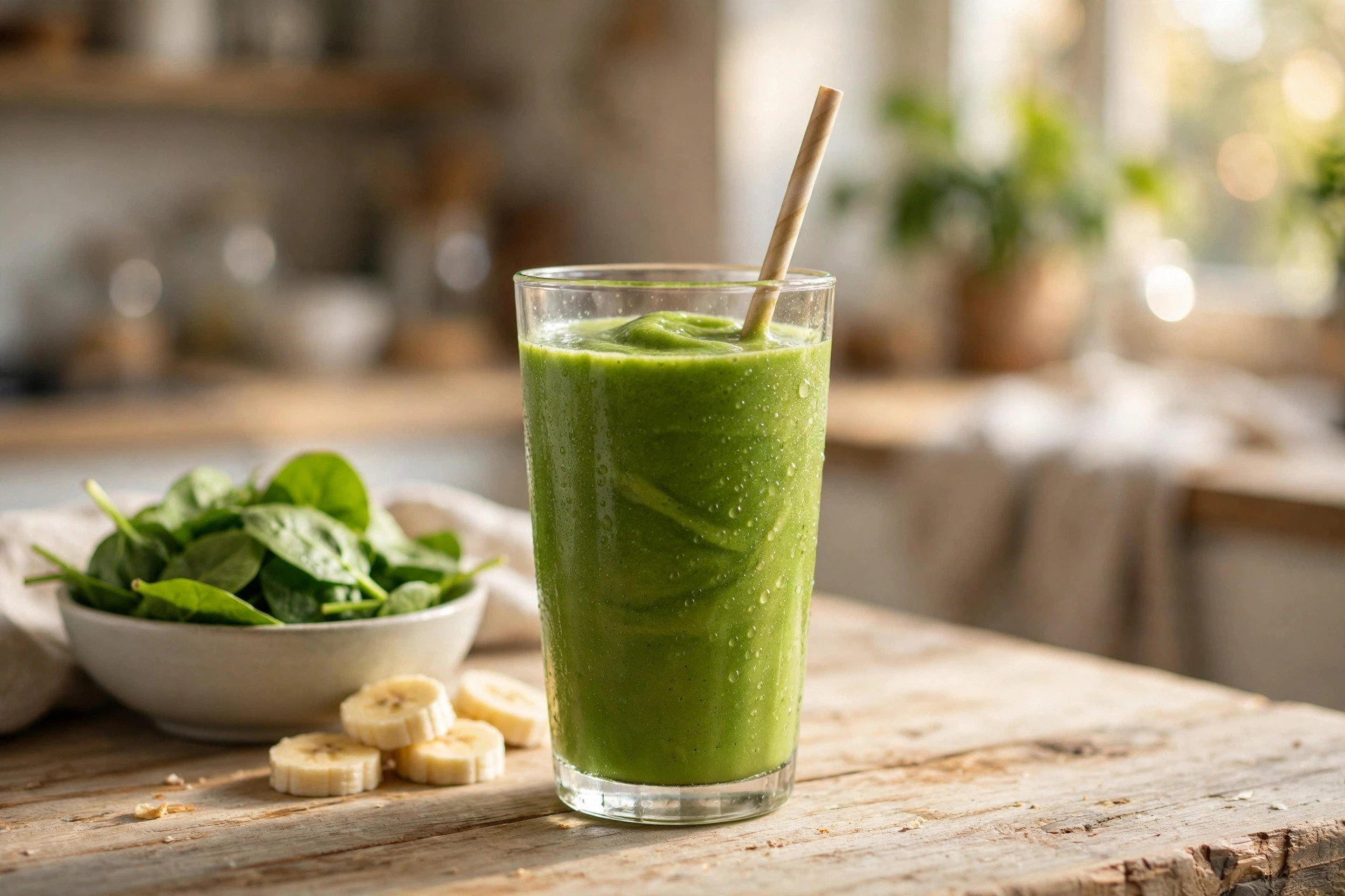 A tall glass of bright green smoothie with a straw, next to a bowl of fresh spinach and banana slices