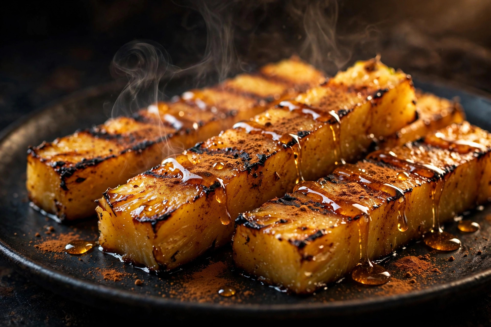 Caramelized grilled pineapple spears dusted with cinnamon and drizzled with honey