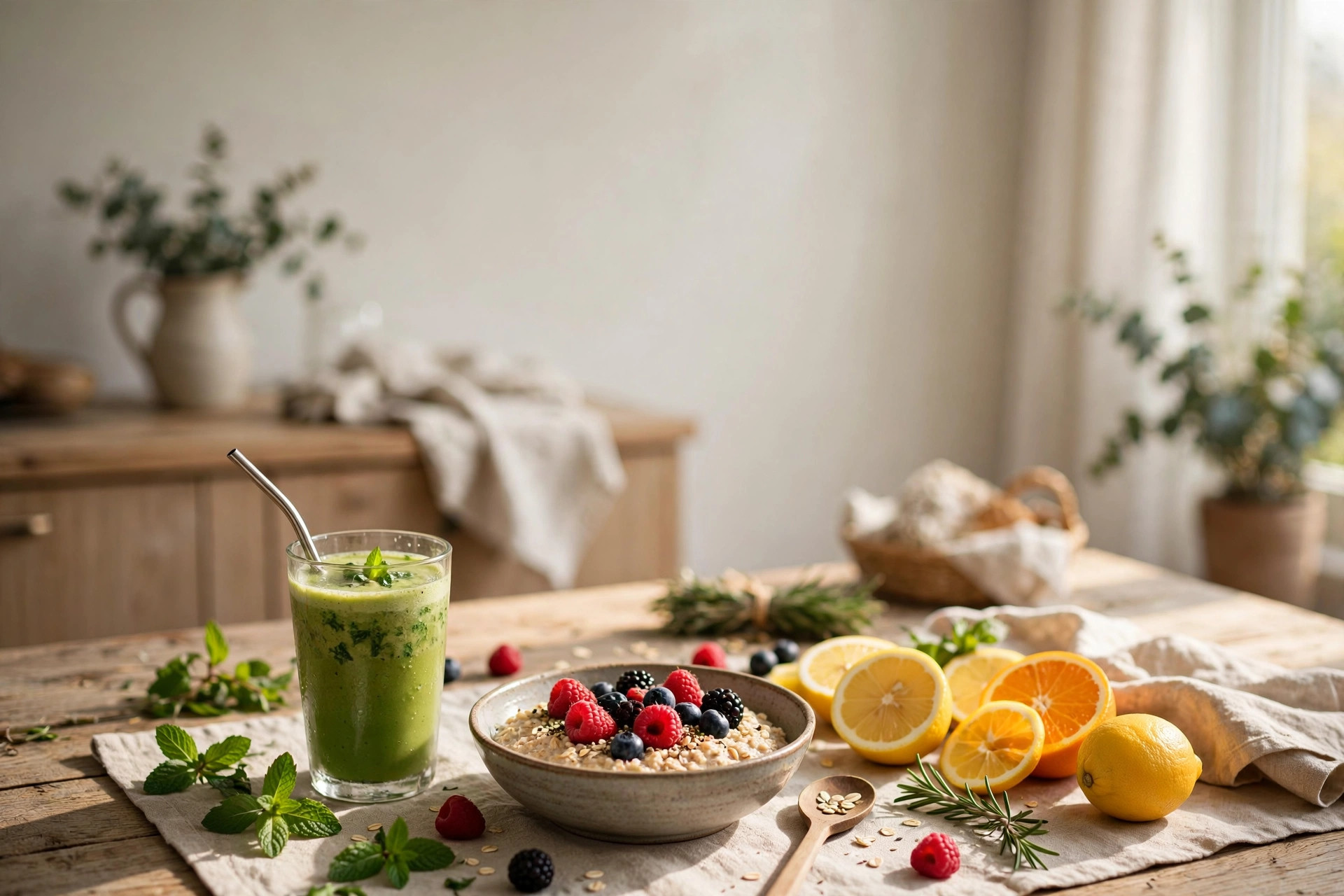 A sunlit breakfast spread with a smoothie, oats, berries, citrus, and fresh herbs