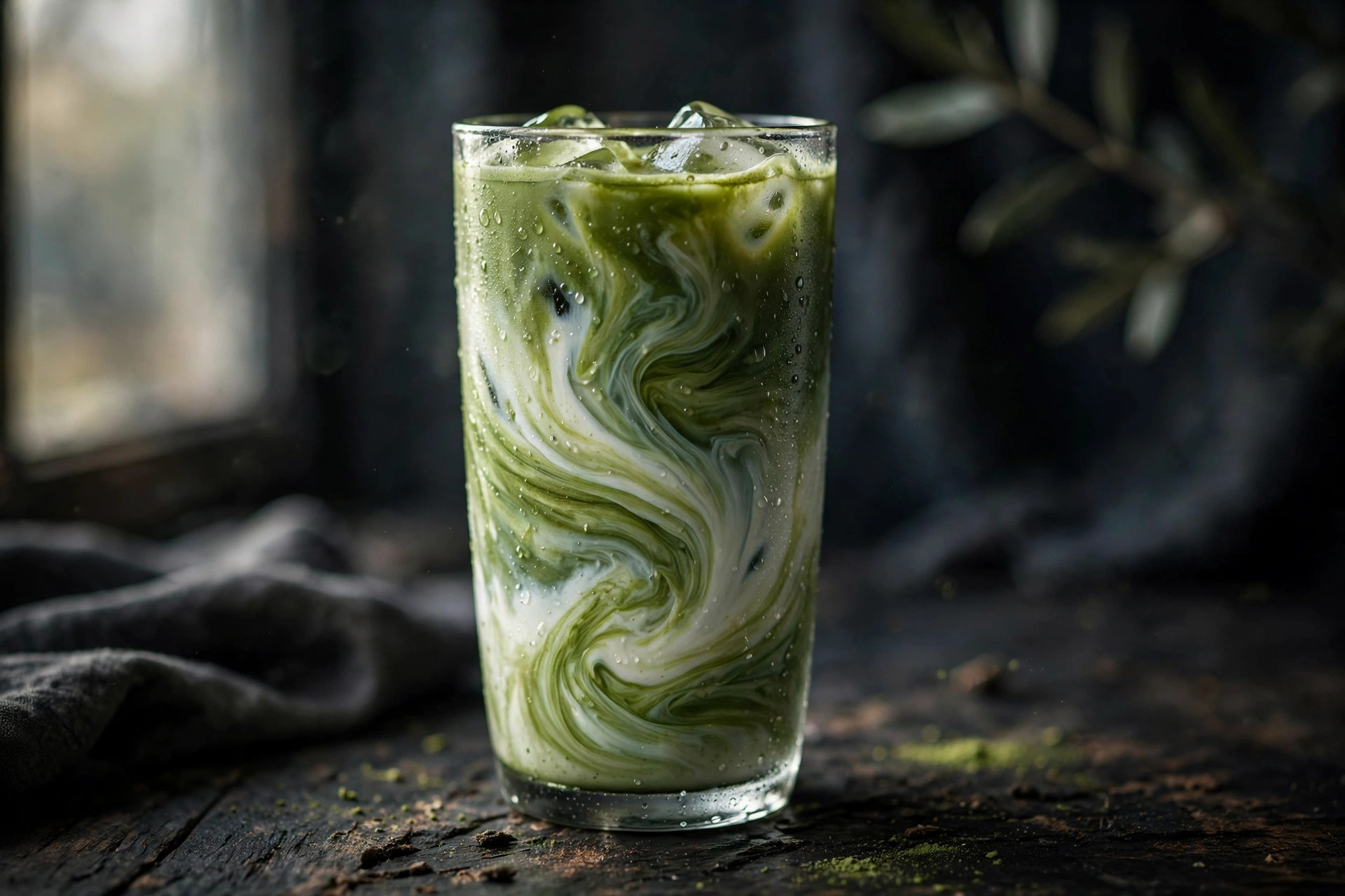 Tall glass of iced matcha latte with green-and-white swirls over ice