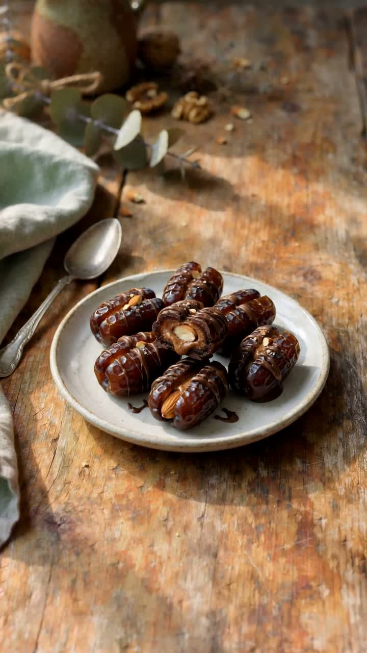 Chocolate-drizzled Medjool dates filled with almond butter on a ceramic plate