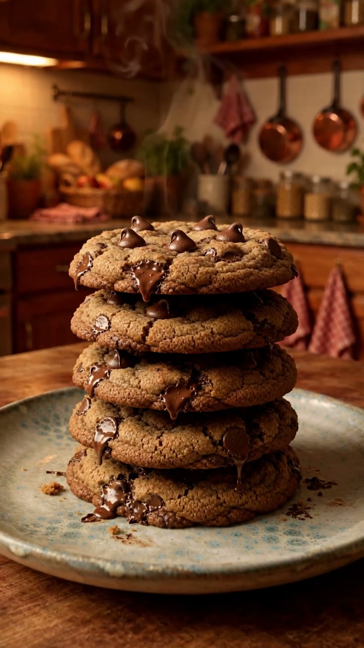 A warm stack of flourless chickpea cookies with melted dark chocolate chips