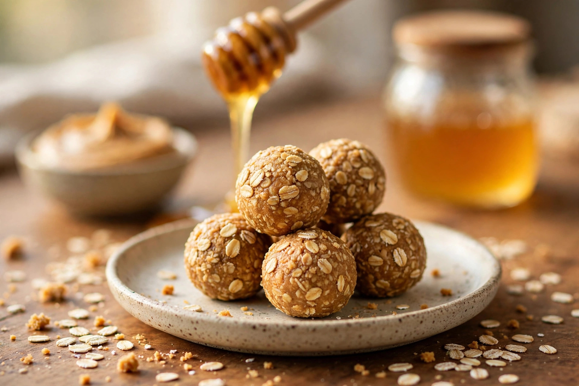 Peanut butter energy balls rolled in oats on a ceramic plate