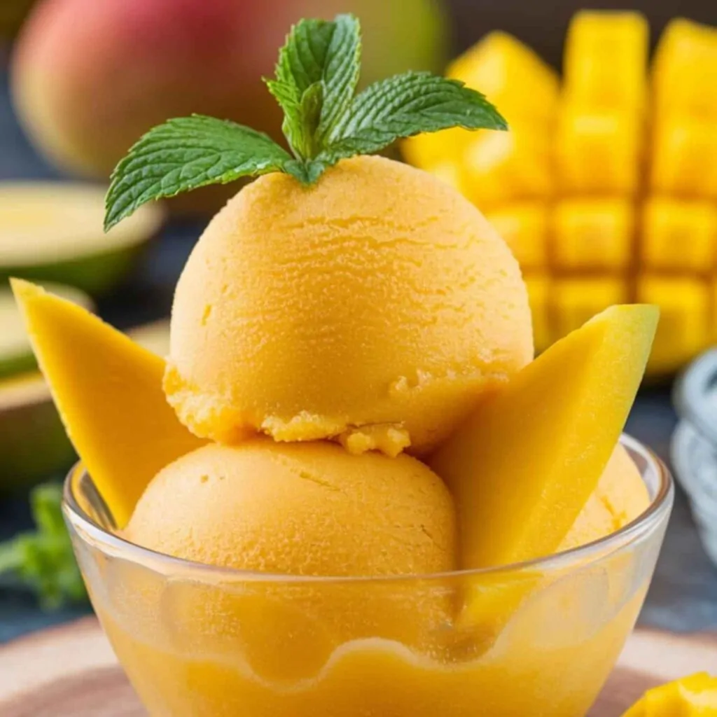 Two scoops of mango sorbet with fresh mango and mint