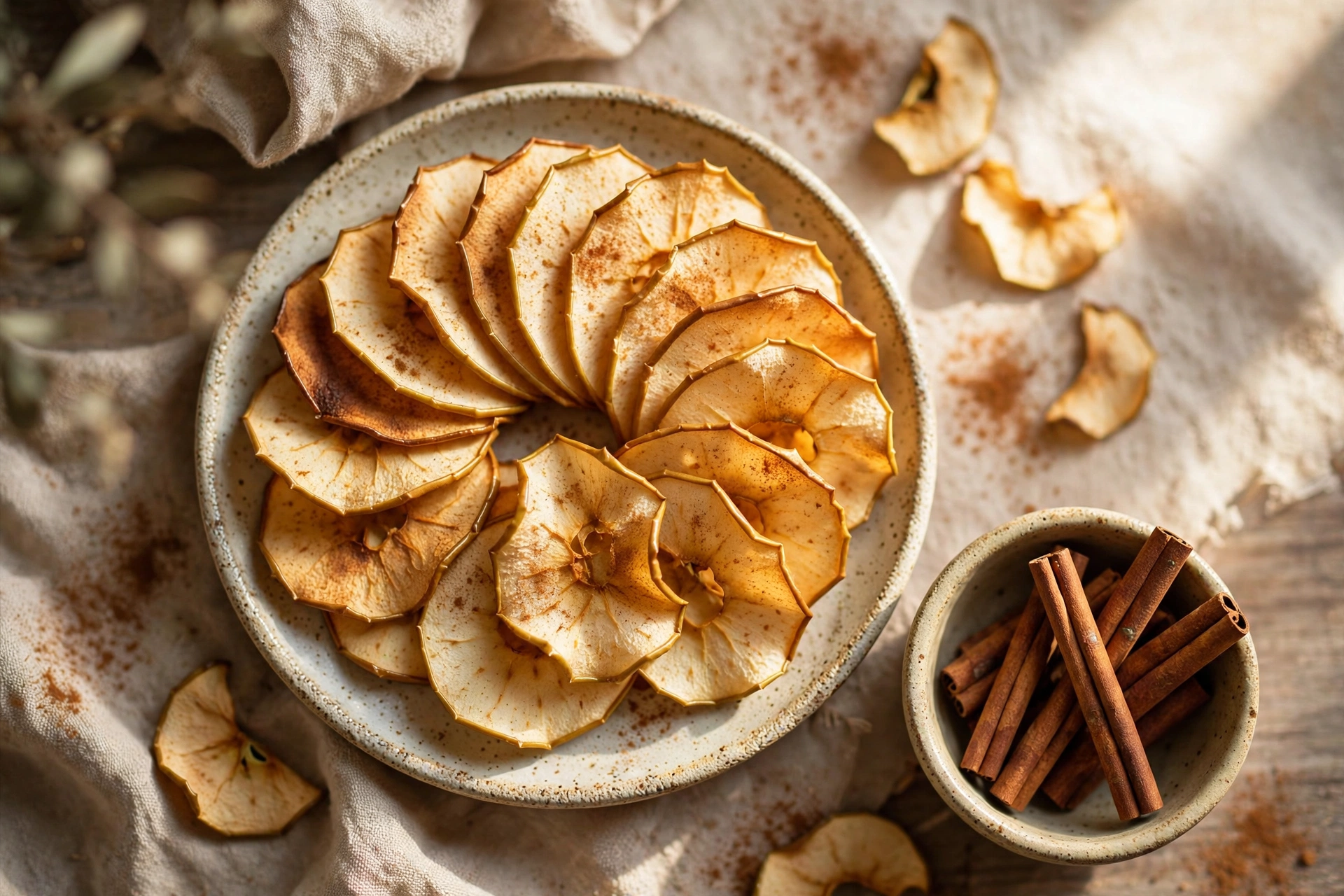 Crispy baked apple chips dusted with cinnamon