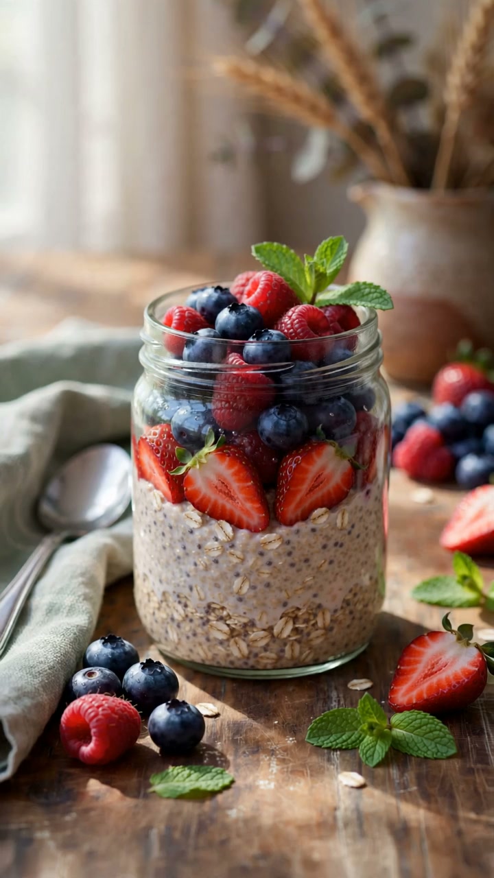 Overnight oats in a glass jar topped with strawberries, raspberries, and blueberries