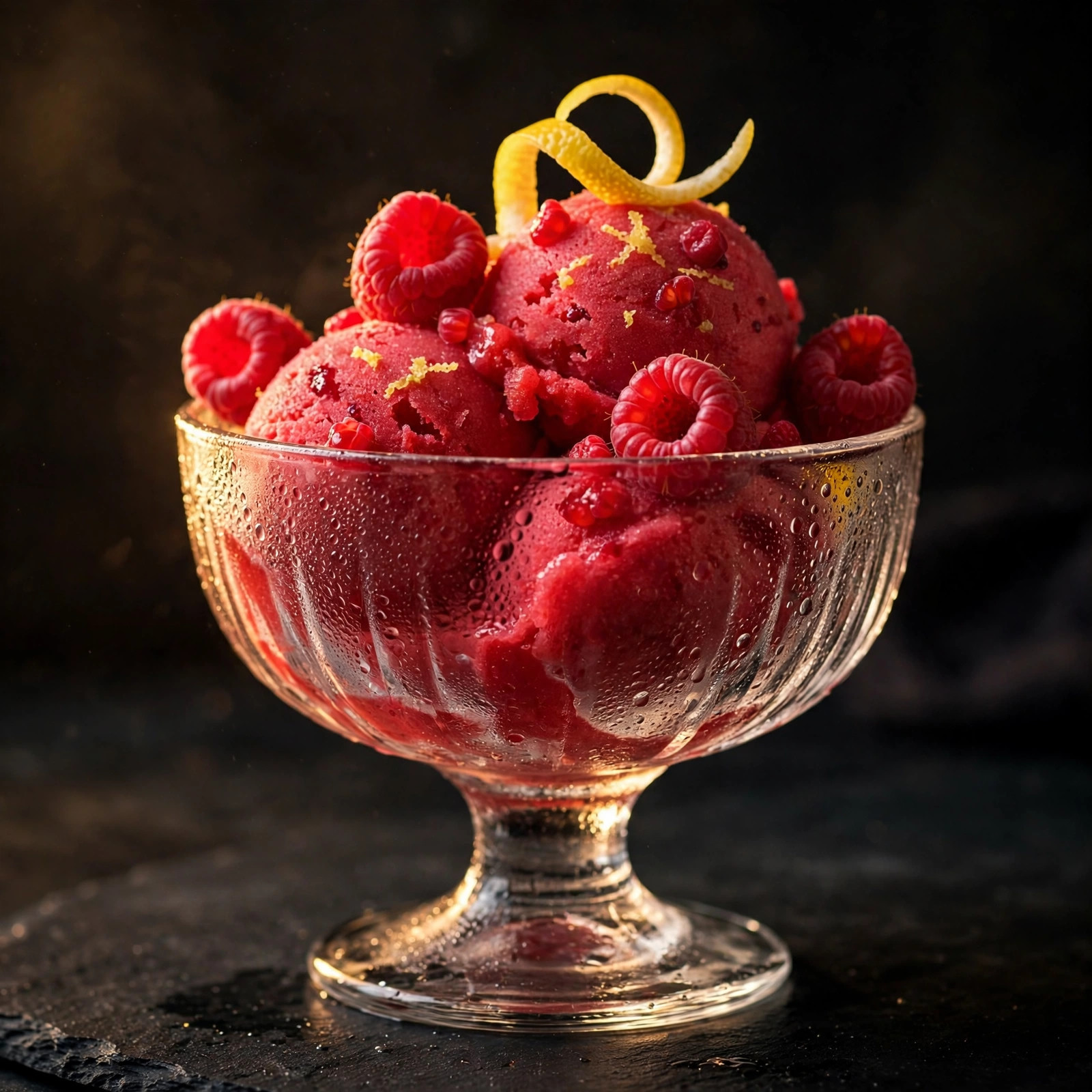 Ruby-red raspberry lemon sorbet in a glass dessert bowl