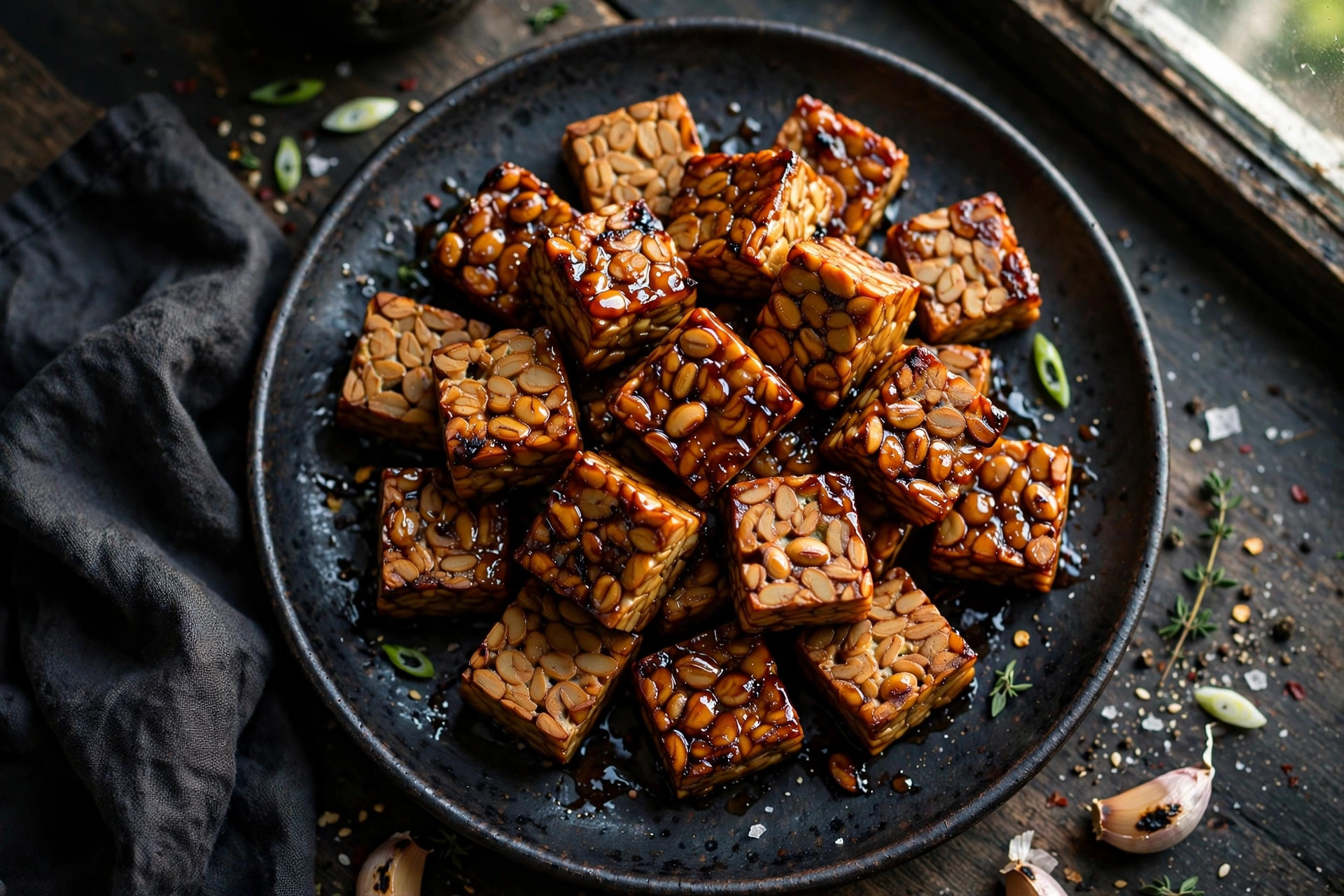 Caramelized smoky tempeh cubes with a glossy soy-maple glaze