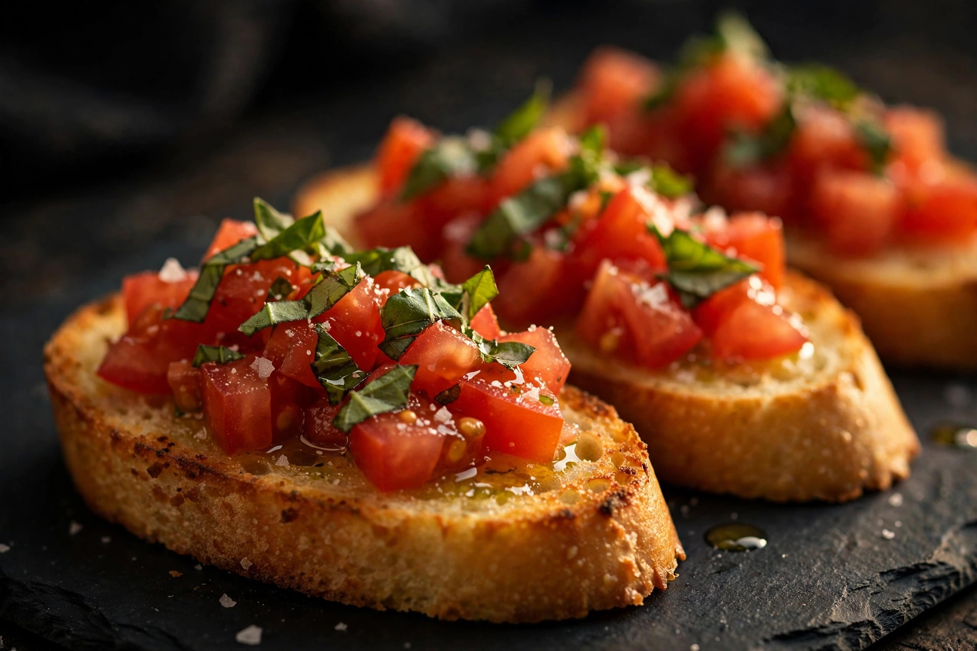 Crisp baguette toasts topped with diced tomatoes and fresh basil