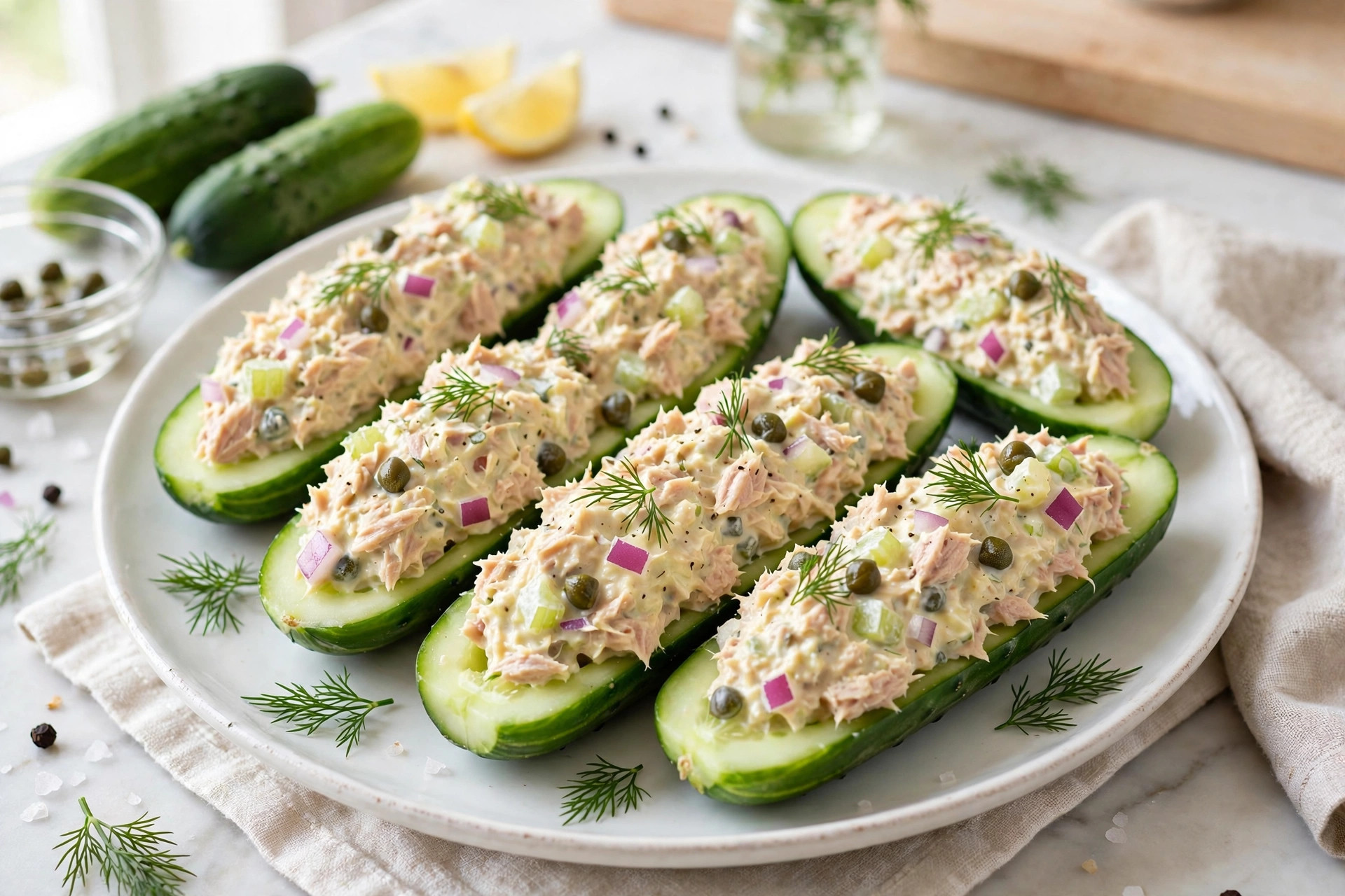 Cucumber halves filled with creamy tuna salad