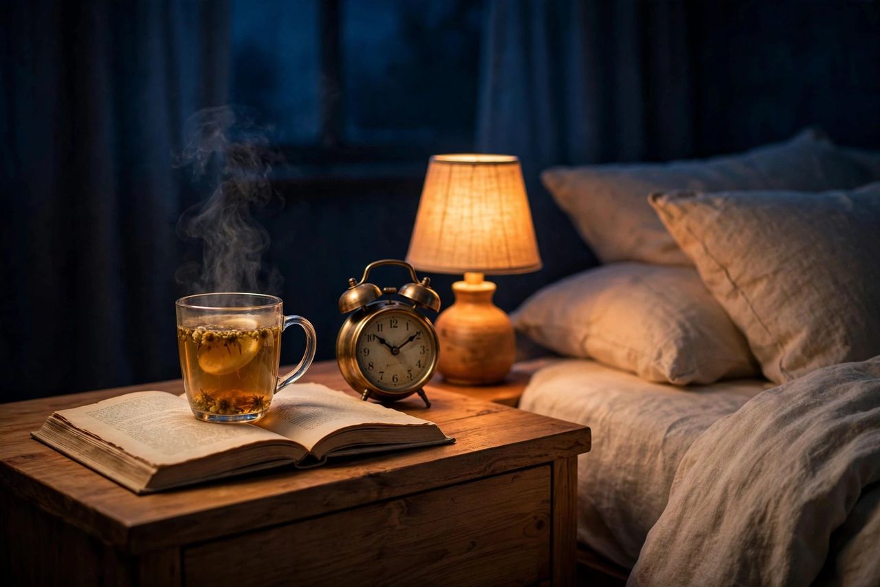 Warm mug of a nighttime drink on a book beside a softly lit bed at night