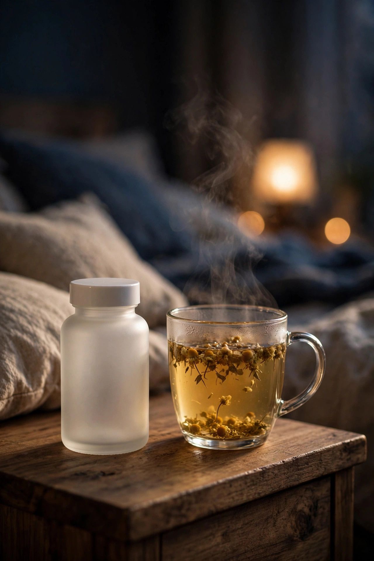 Magnesium supplement bottle beside a steaming glass of herbal tea on a nightstand in a warmly lit bedroom
