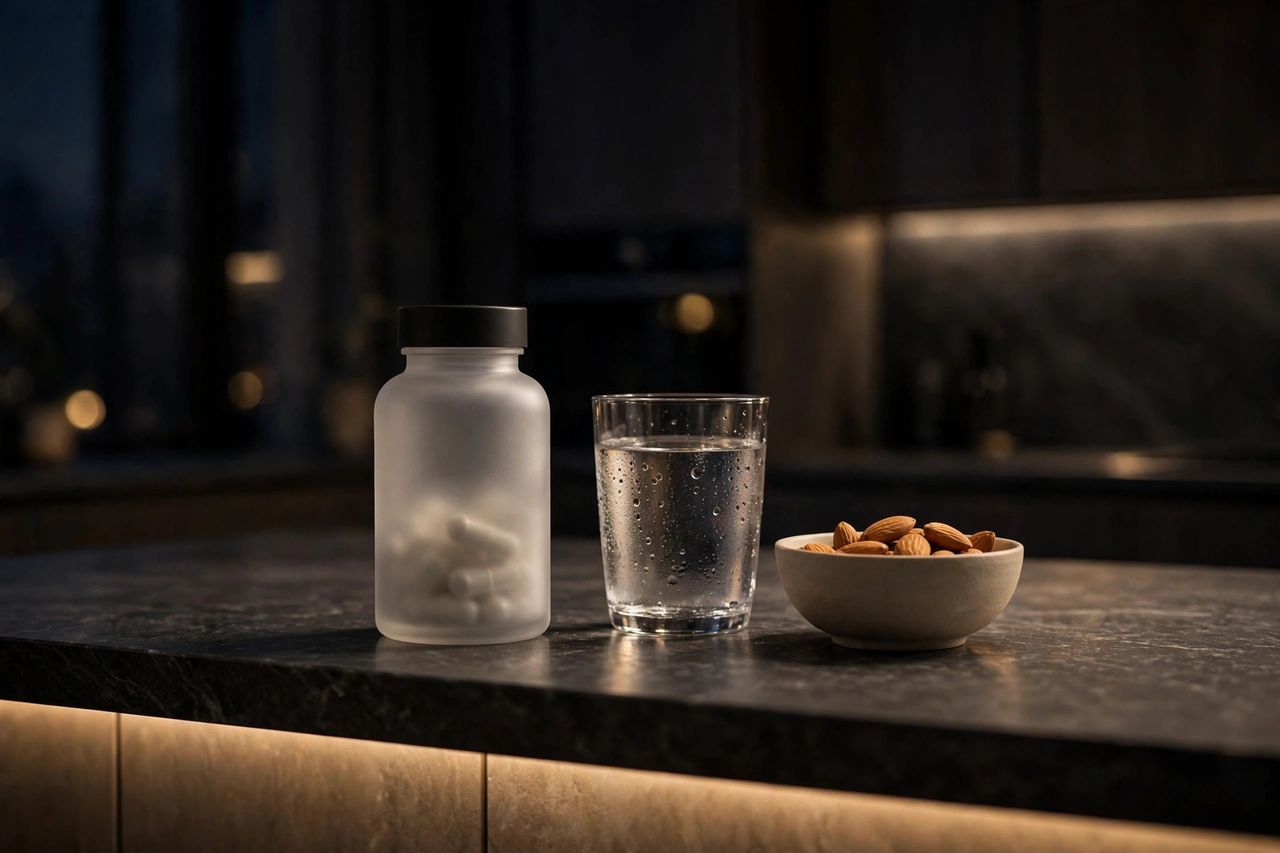 Magnesium bottle on a kitchen counter at night next to a glass of water and a bowl of almonds