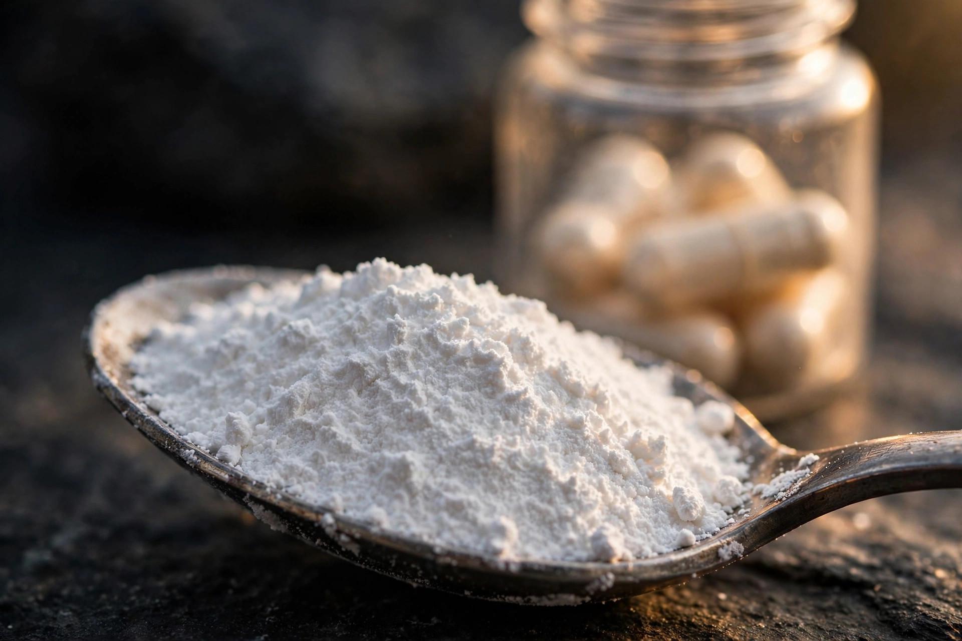 Close-up of a spoon of fine magnesium powder with a soft-focus bottle behind it