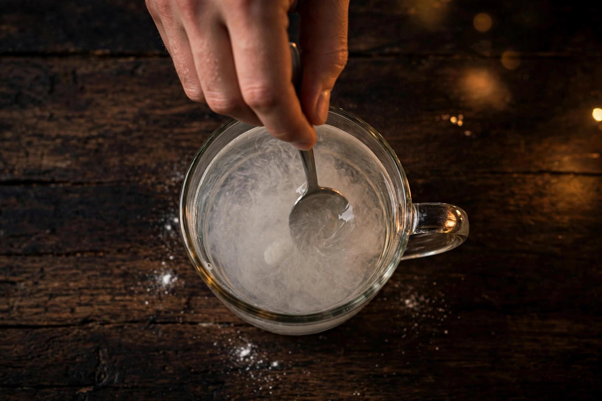Hand stirring a spoonful of white magnesium powder into a warm drink at night