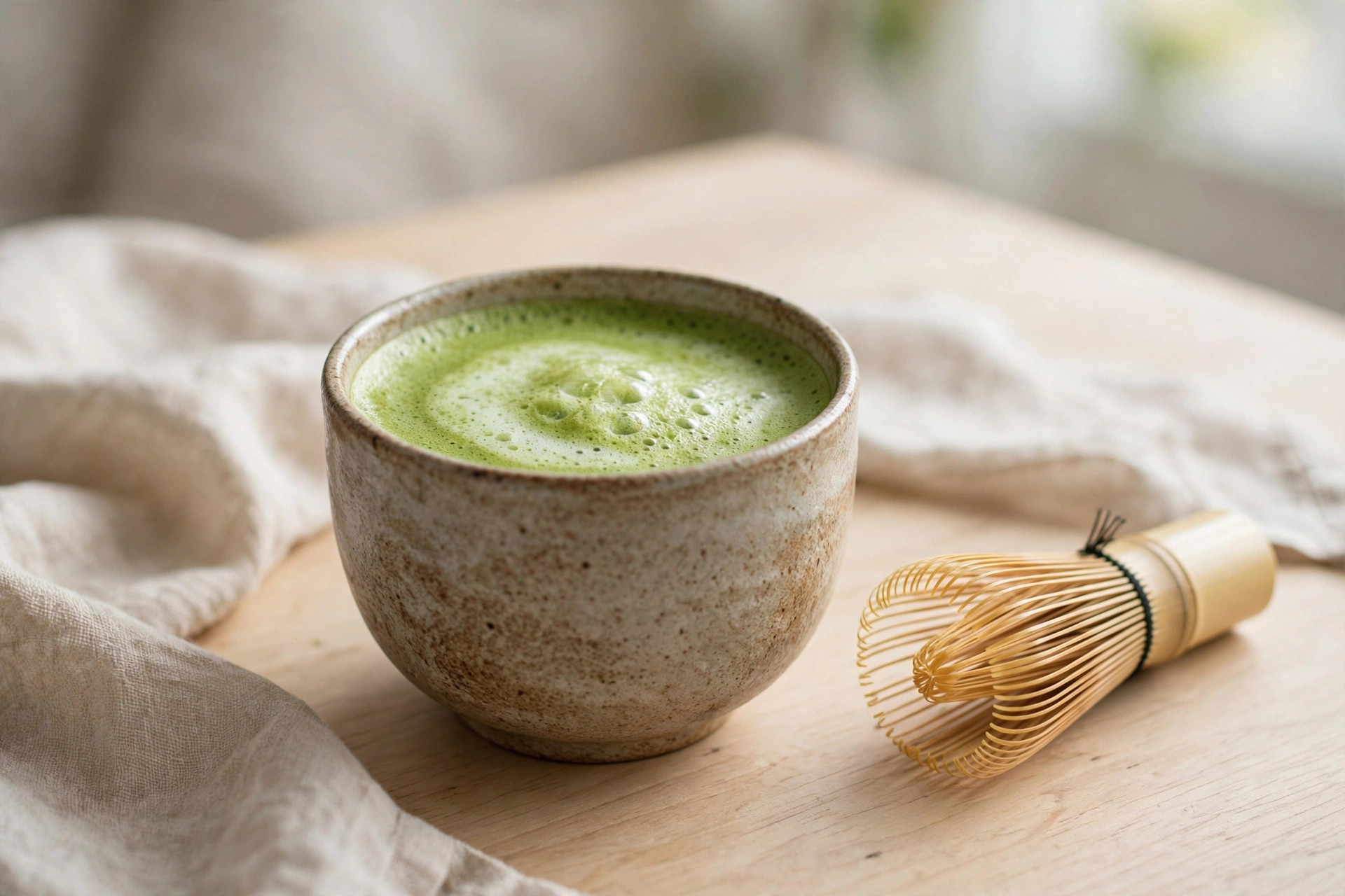 Finished cup of frothy green matcha latte next to a bamboo whisk
