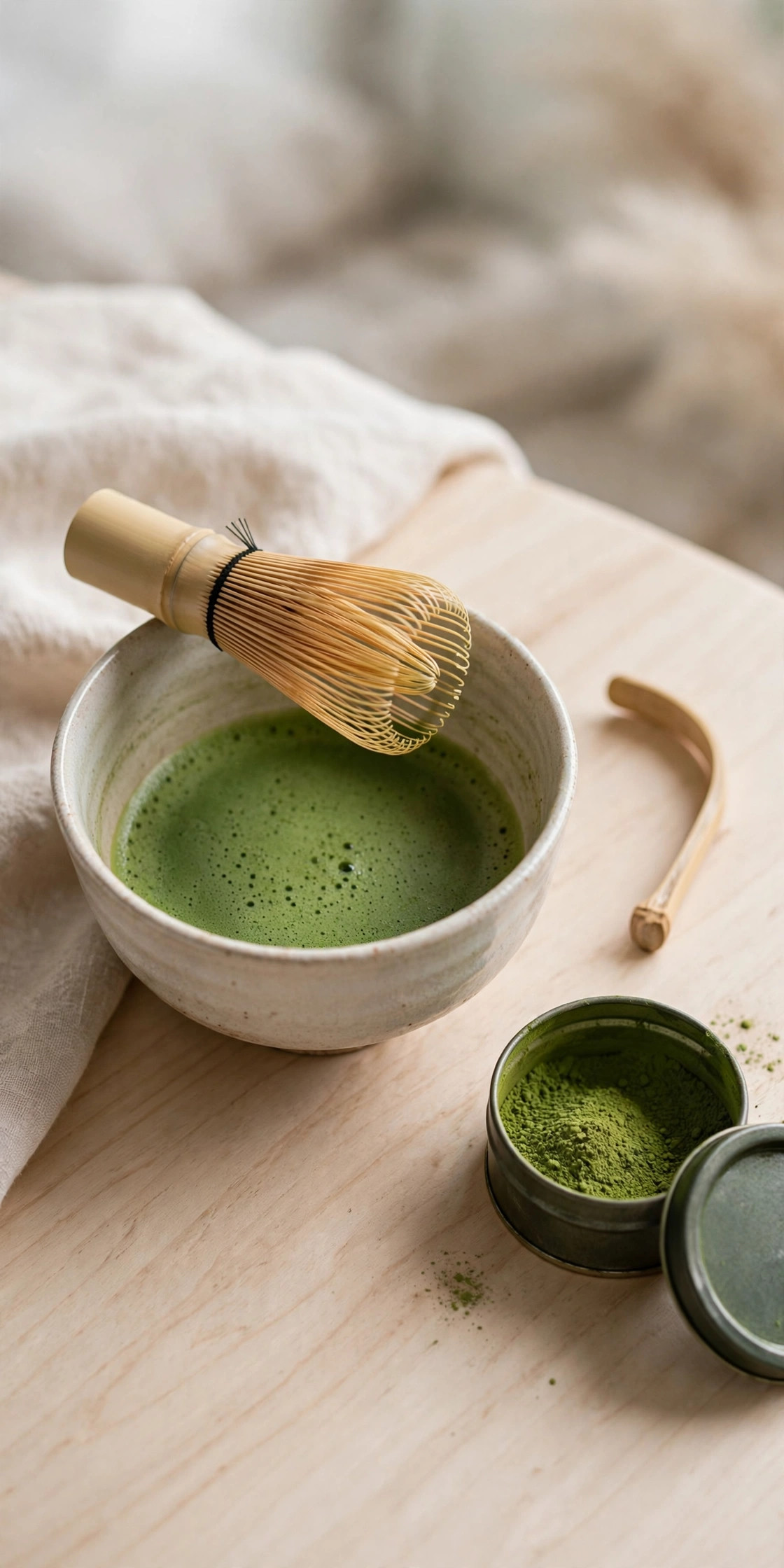 Matcha whisk set: bamboo whisk, bowl of whisked matcha, scoop and matcha powder on a wooden table