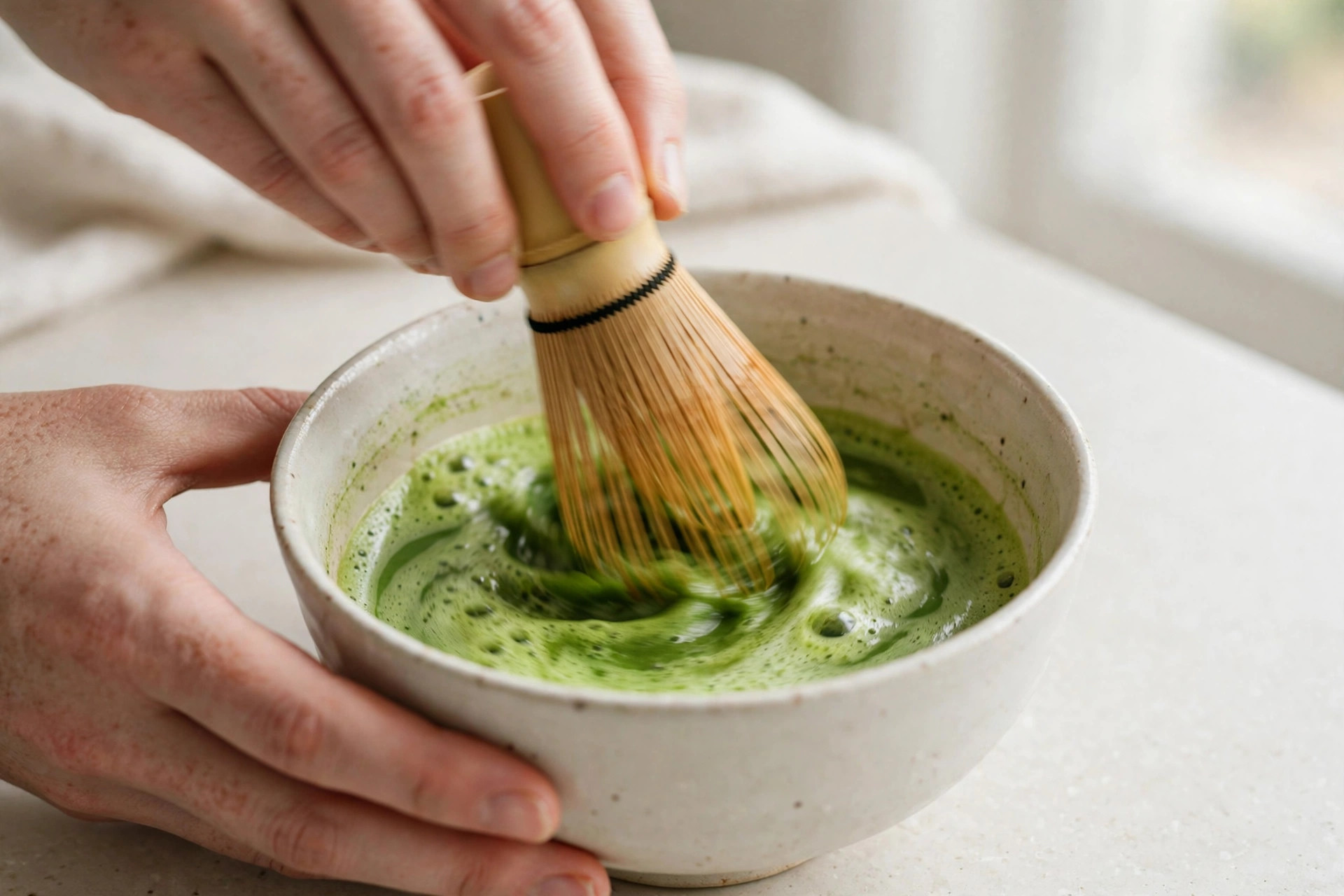 Hands whisking bright green matcha tea in a ceramic bowl with a bamboo whisk