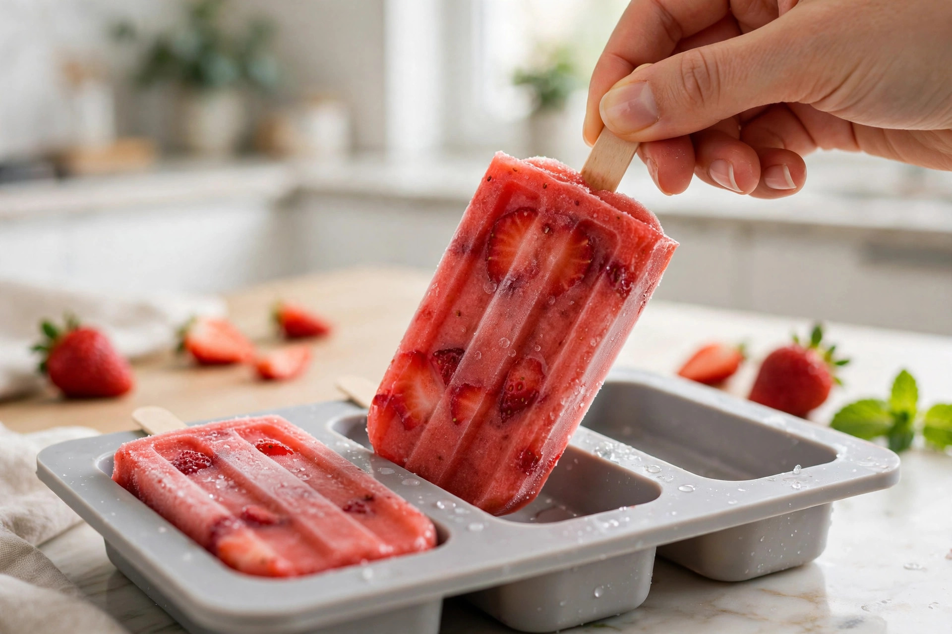 Hand pulling a strawberry popsicle from a silicone mold