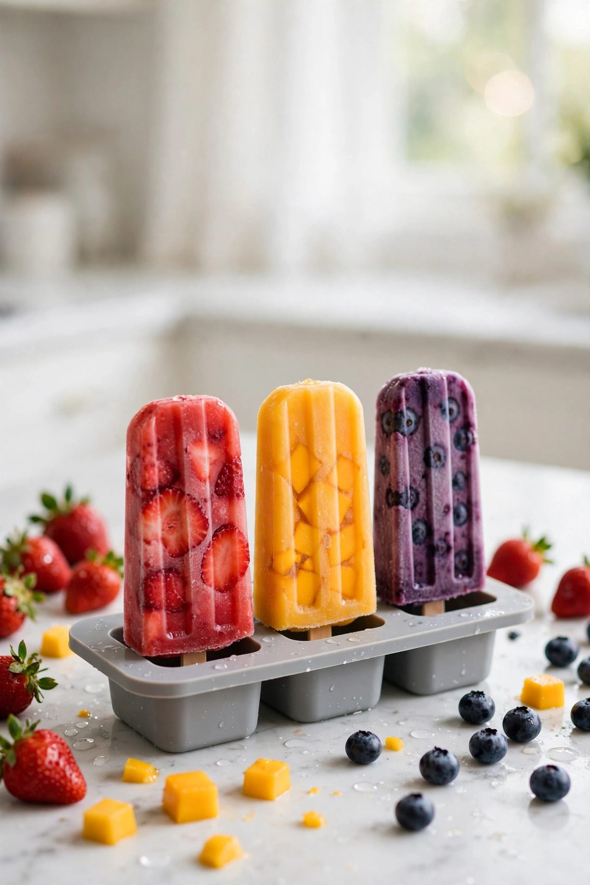 Colorful homemade fruit popsicles in a silicone mold