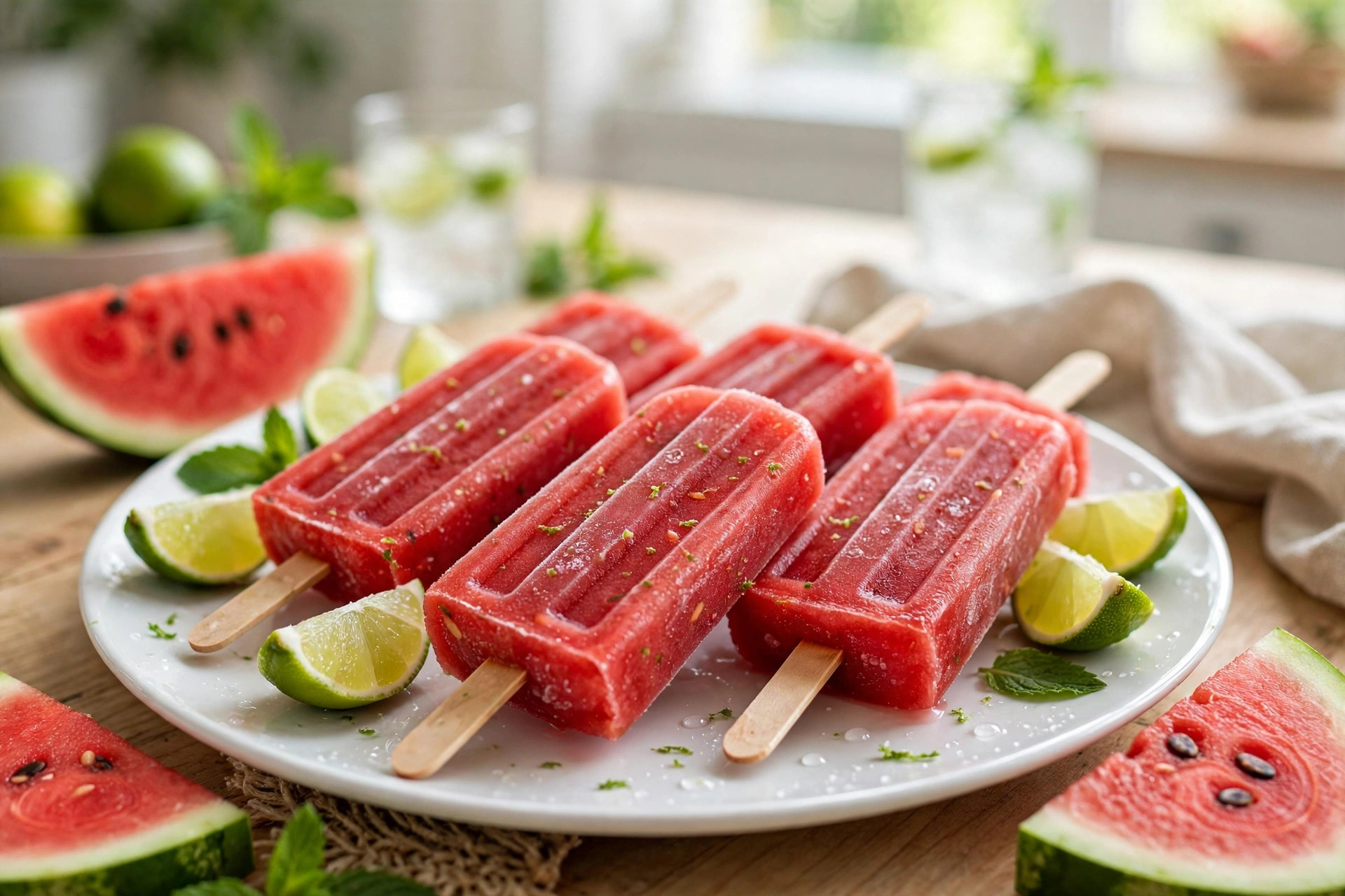 Homemade watermelon lime popsicles on a plate