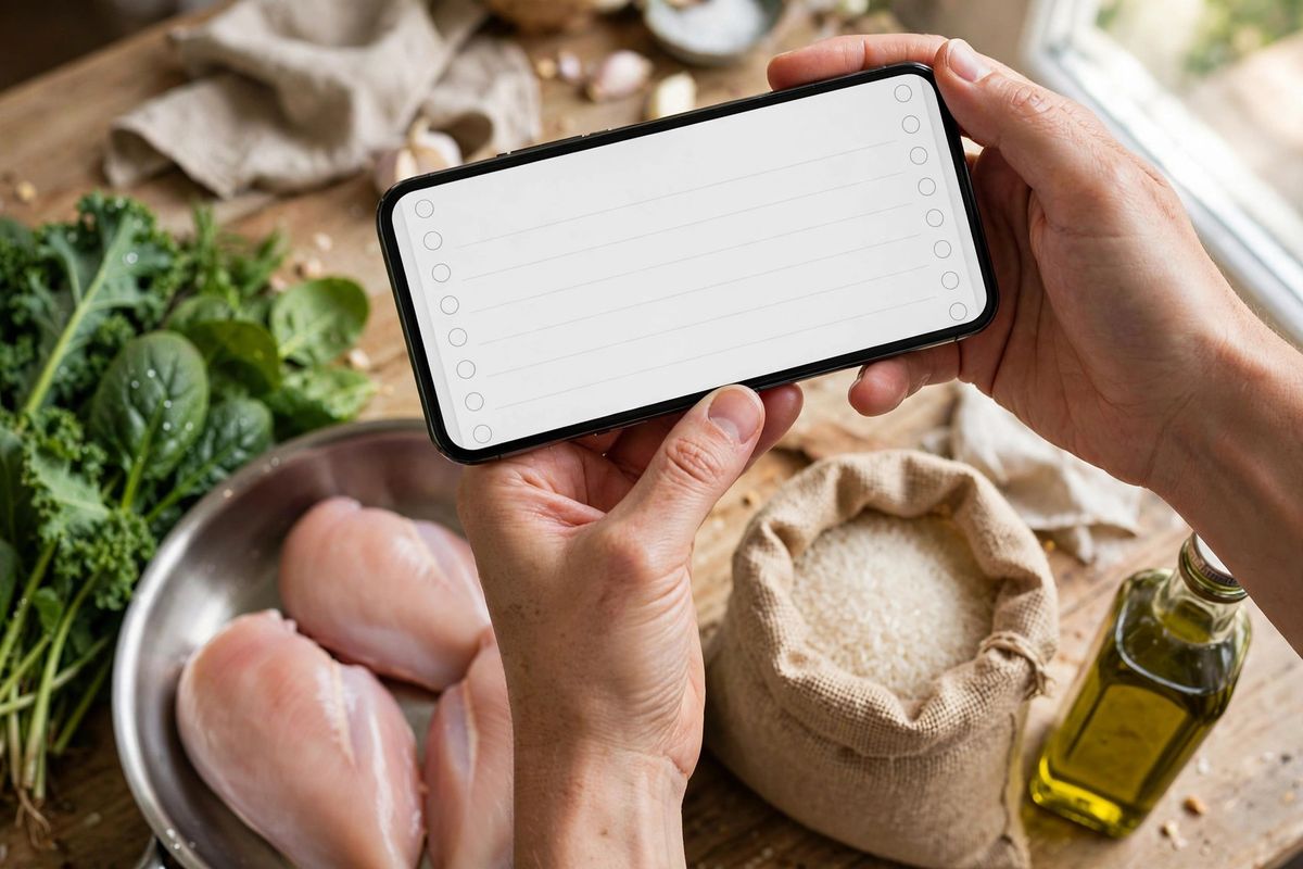 Hands holding a phone with a grocery list over fresh groceries on a counter