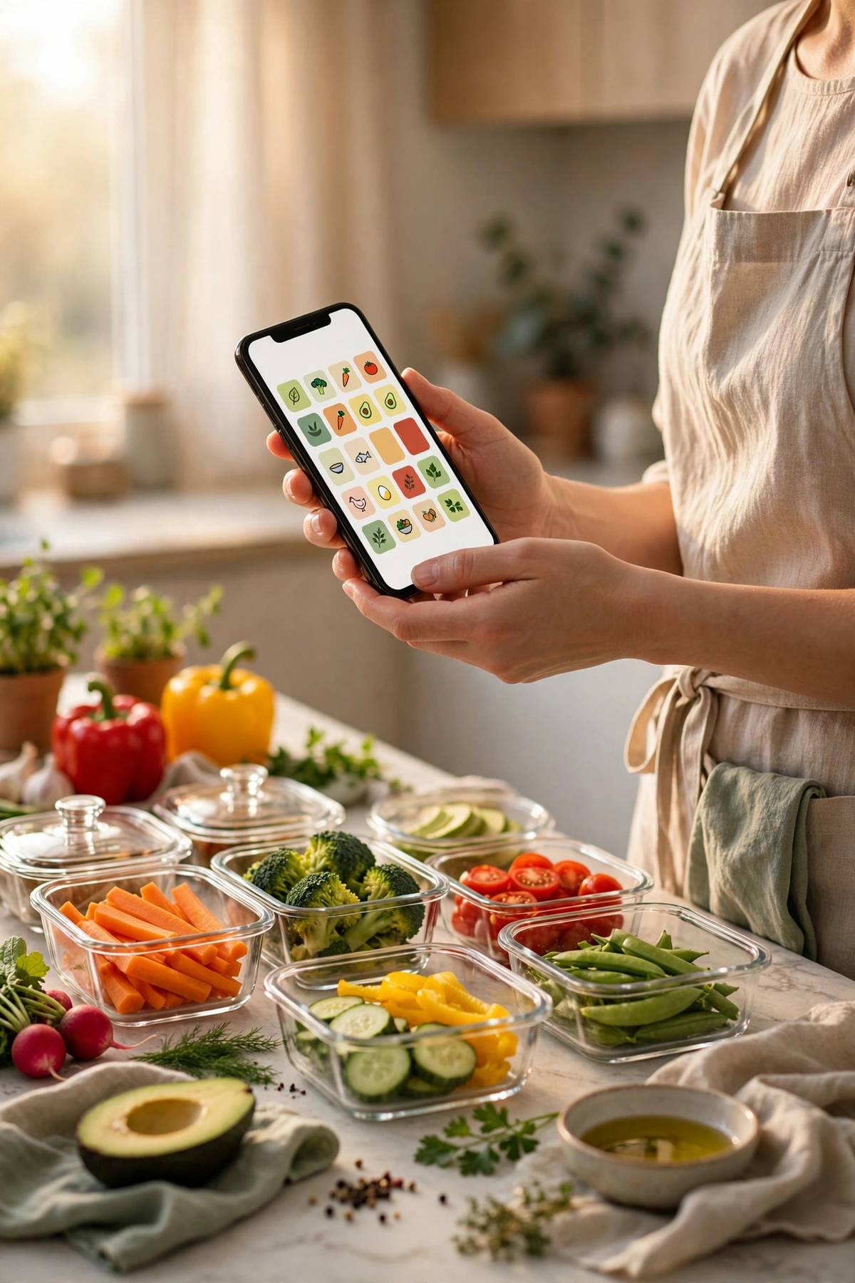 Person scrolling a weekly meal plan on a phone over a meal-prep counter