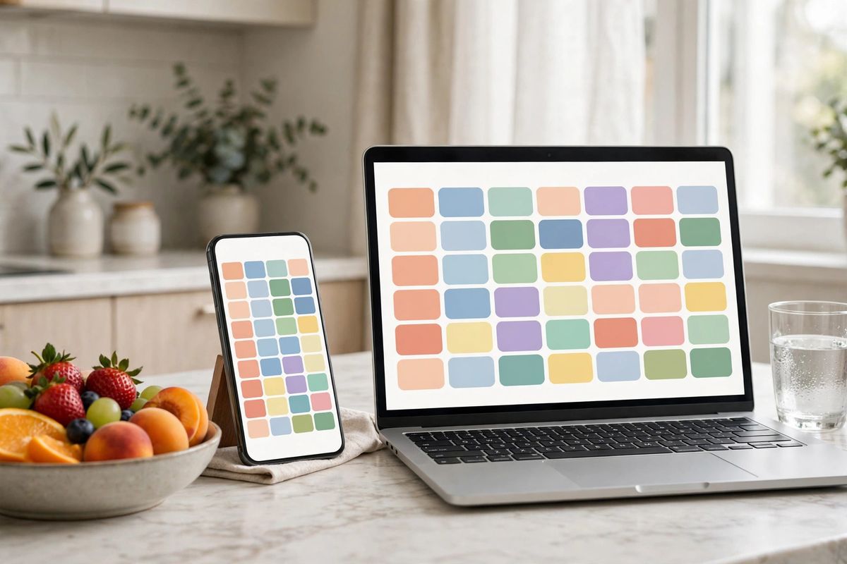 Phone and laptop showing weekly meal planning apps on a kitchen counter