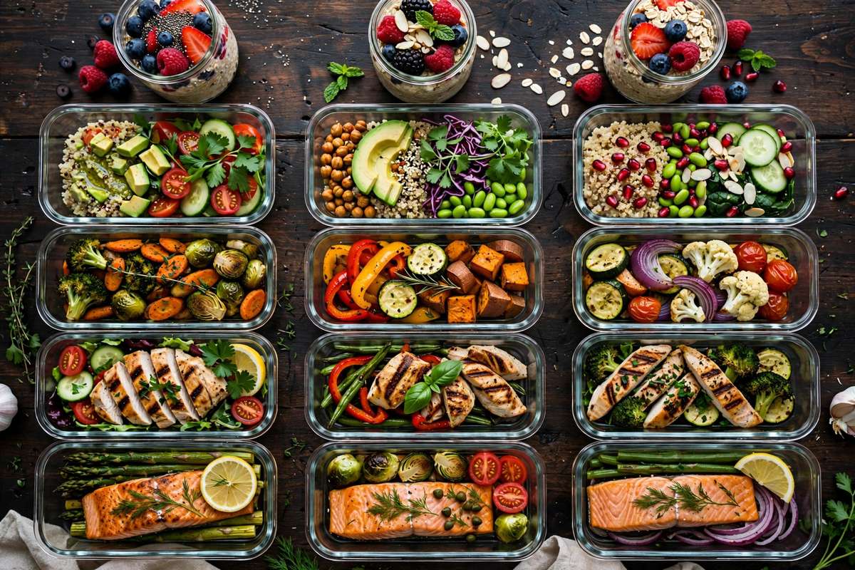 Overhead view of a week's worth of healthy planned meals in glass containers